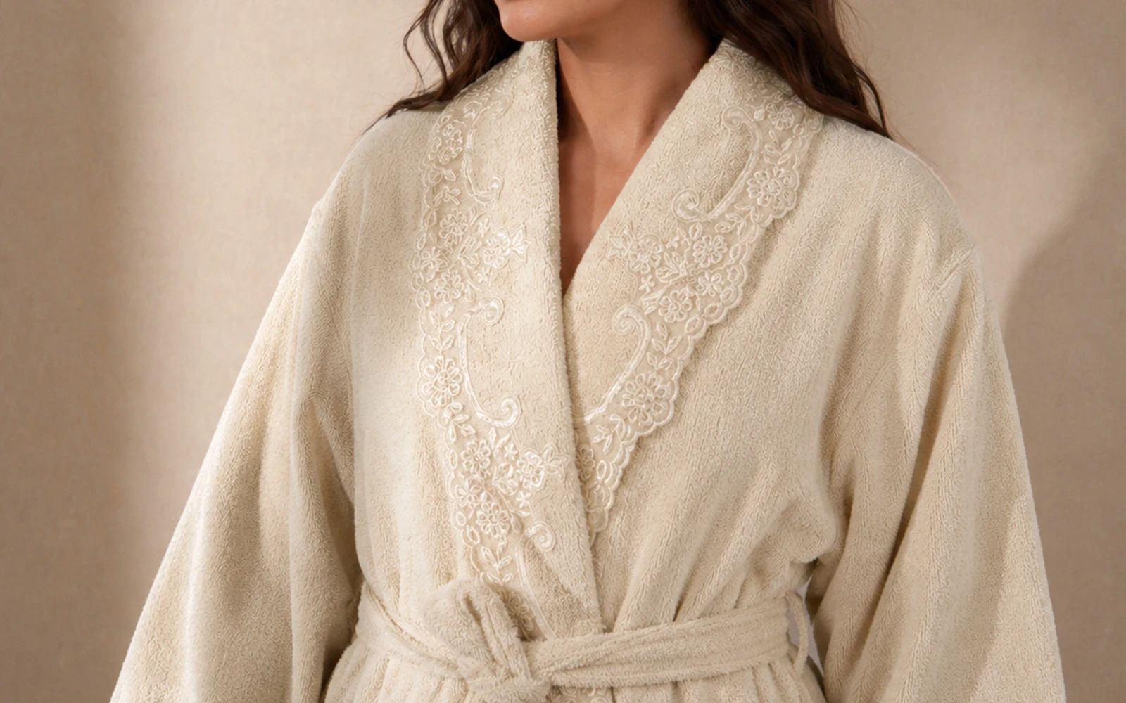 Sofia Family Cotton Embroidered Lace Bathrobe Set 13 PCS - Beige & L.Beige
