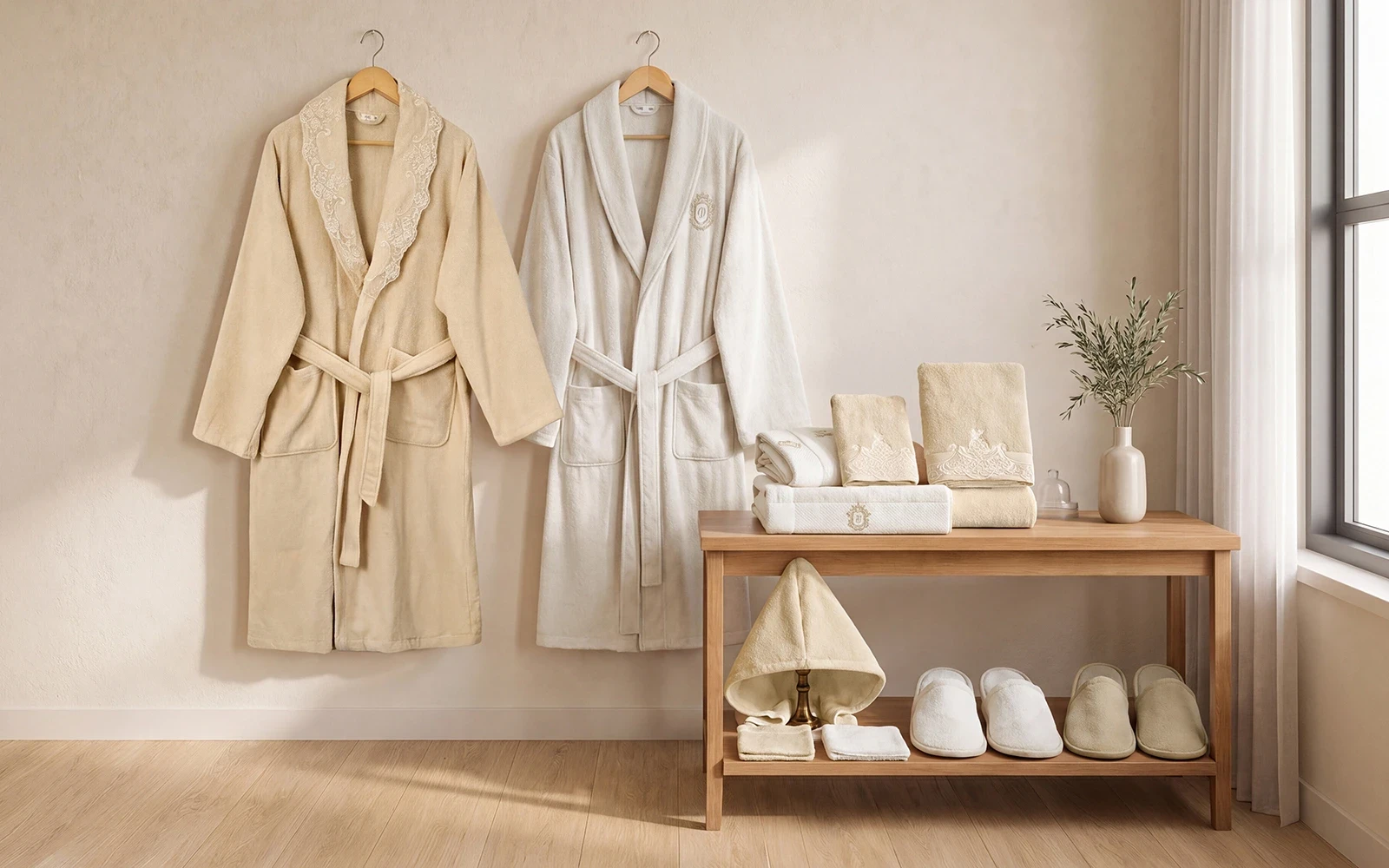Sofia Family Cotton Embroidered Lace Bathrobe Set 13 PCS - Beige & L.Beige