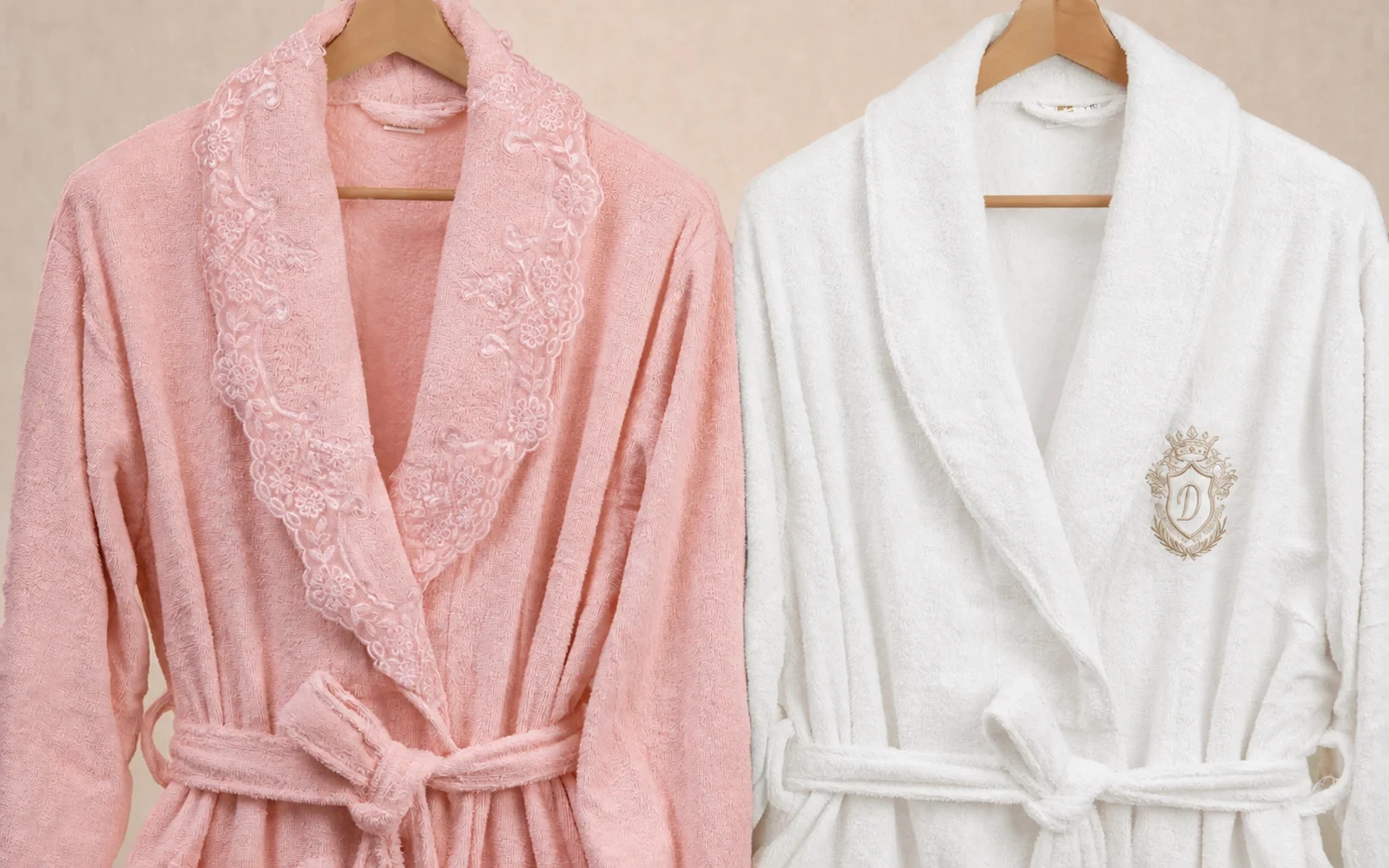 Sofia Family Cotton Embroidered Lace Bathrobe Set 13 PCS - White & Pink