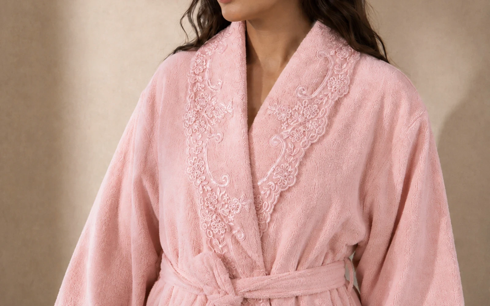 Sofia Family Cotton Embroidered Lace Bathrobe Set 13 PCS - White & Pink