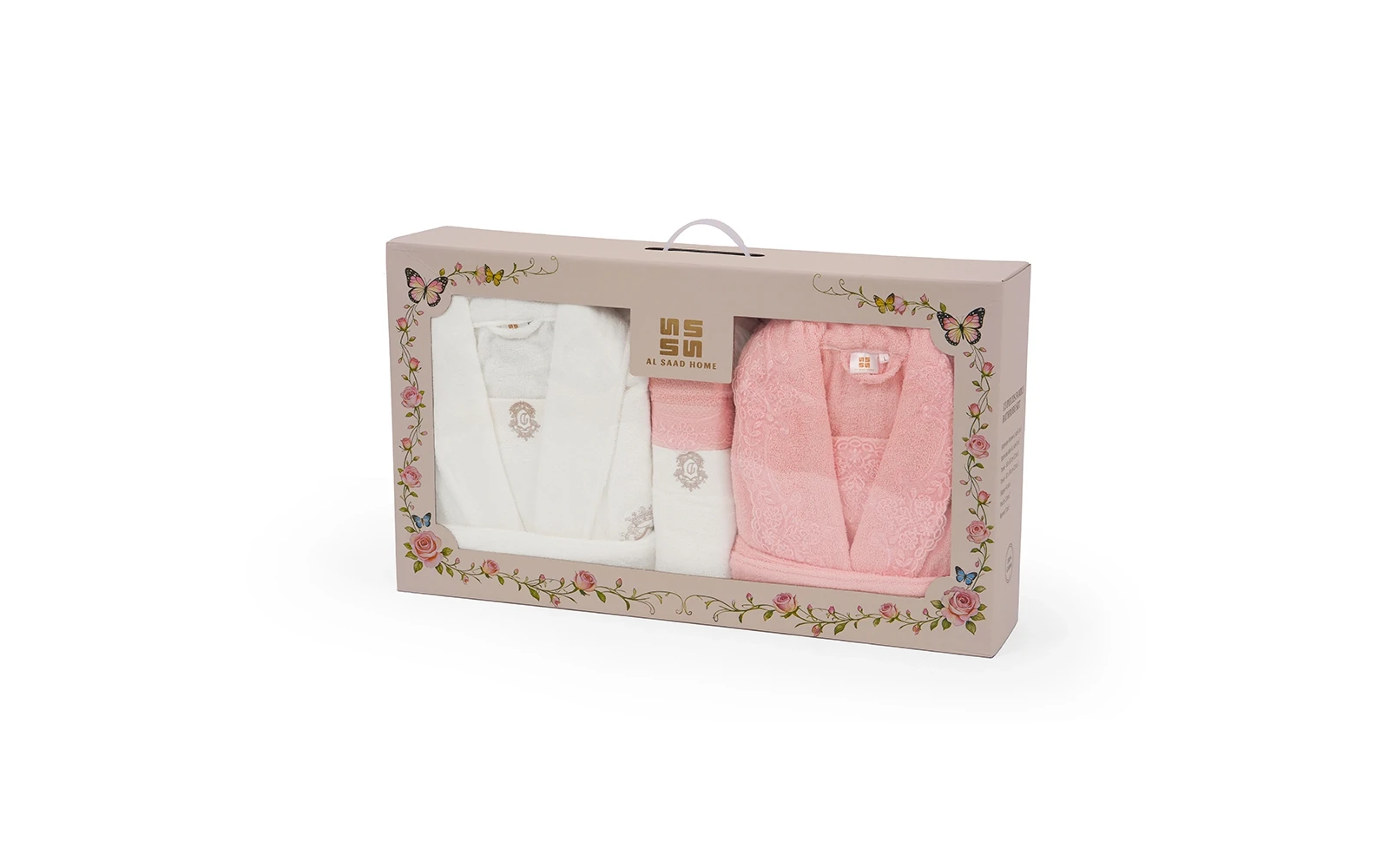 Sofia Family Cotton Embroidered Lace Bathrobe Set 13 PCS - White & Pink