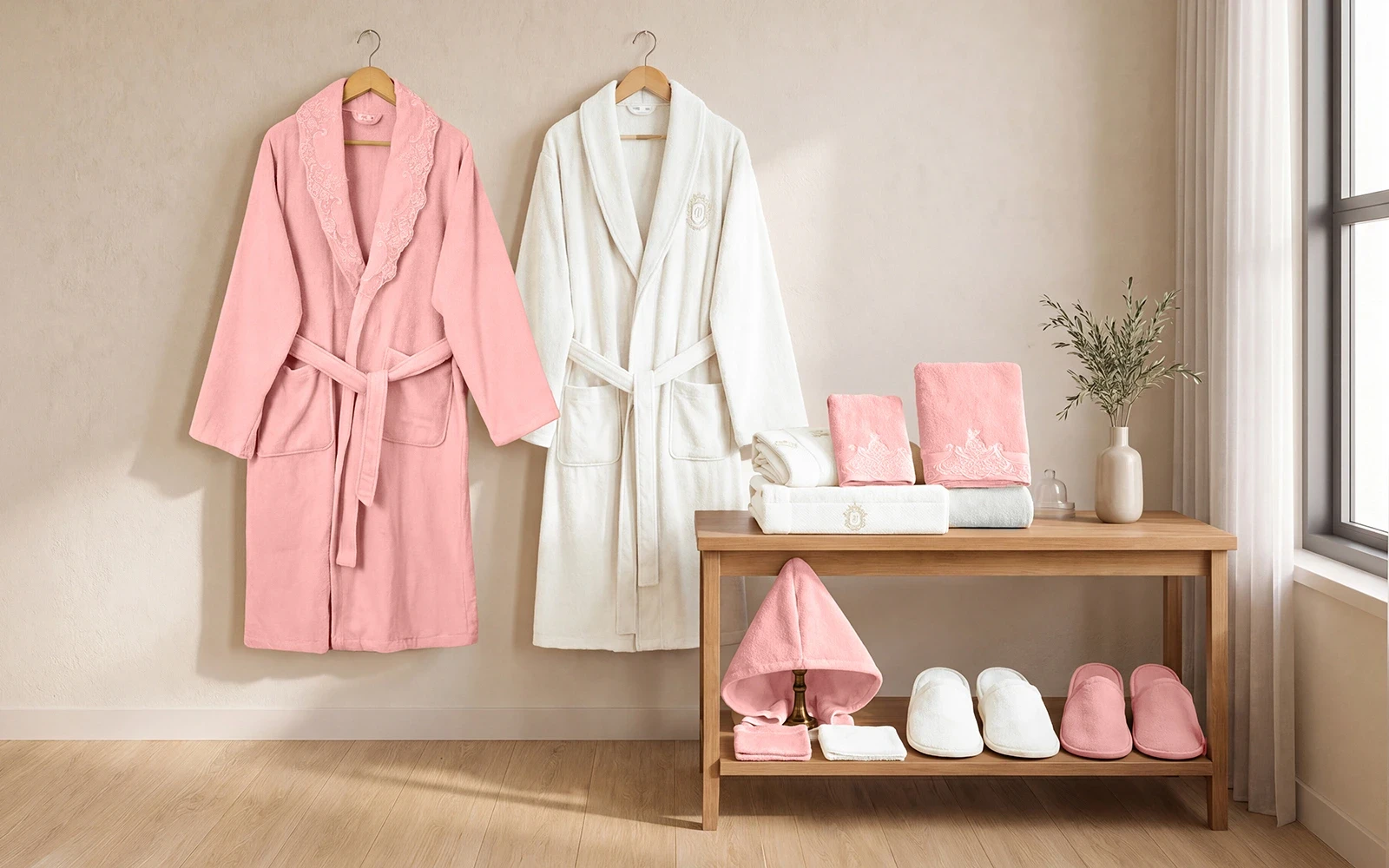 Sofia Family Cotton Embroidered Lace Bathrobe Set 13 PCS - White & Pink