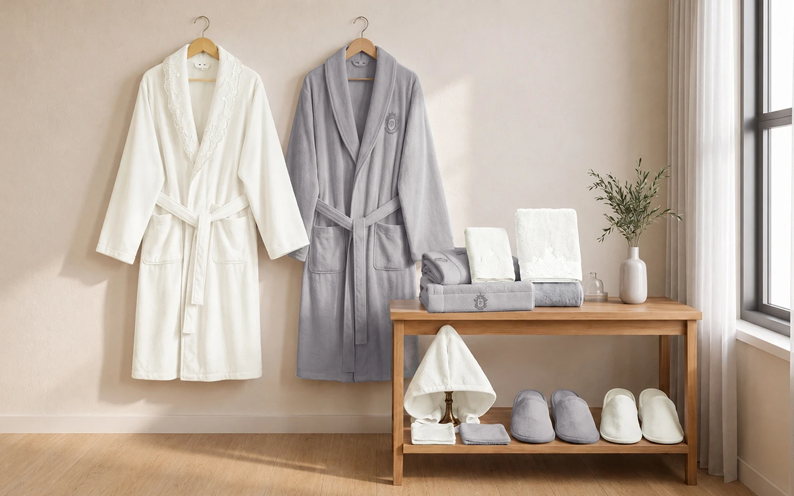 Sofia Family Cotton Embroidered Lace Bathrobe Set 13 PCS - White & Grey