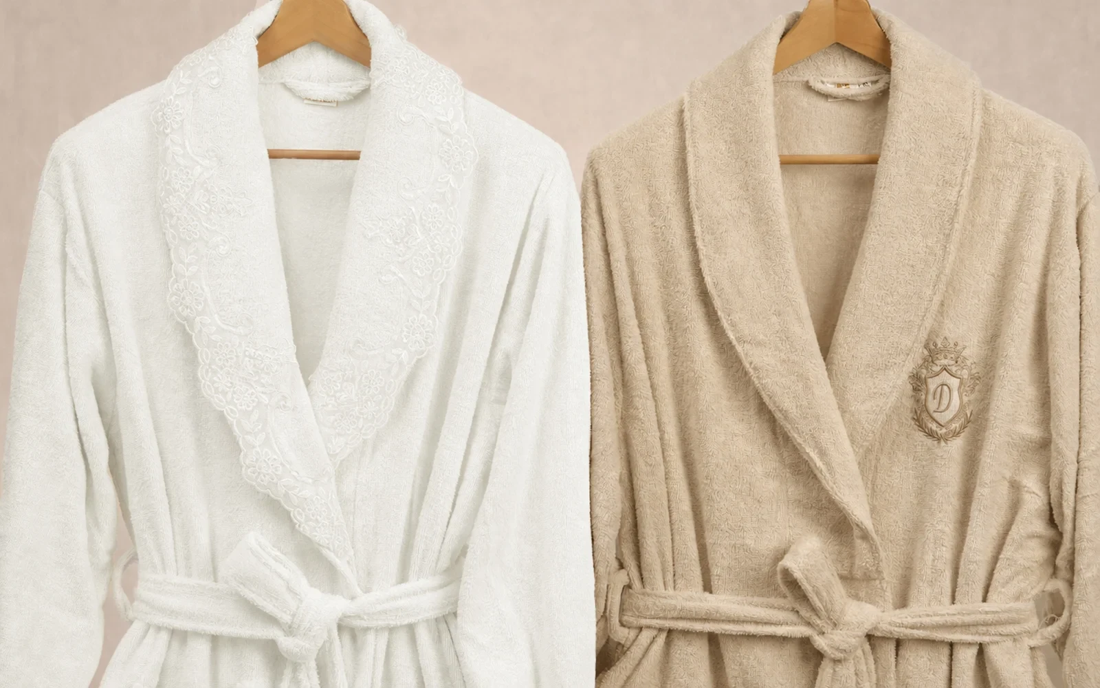 Sofia Family Cotton Embroidered Lace Bathrobe Set 13 PCS - White & Beige