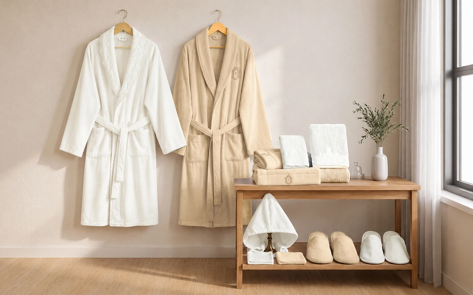 Sofia Family Cotton Embroidered Lace Bathrobe Set 13 PCS - White & Beige