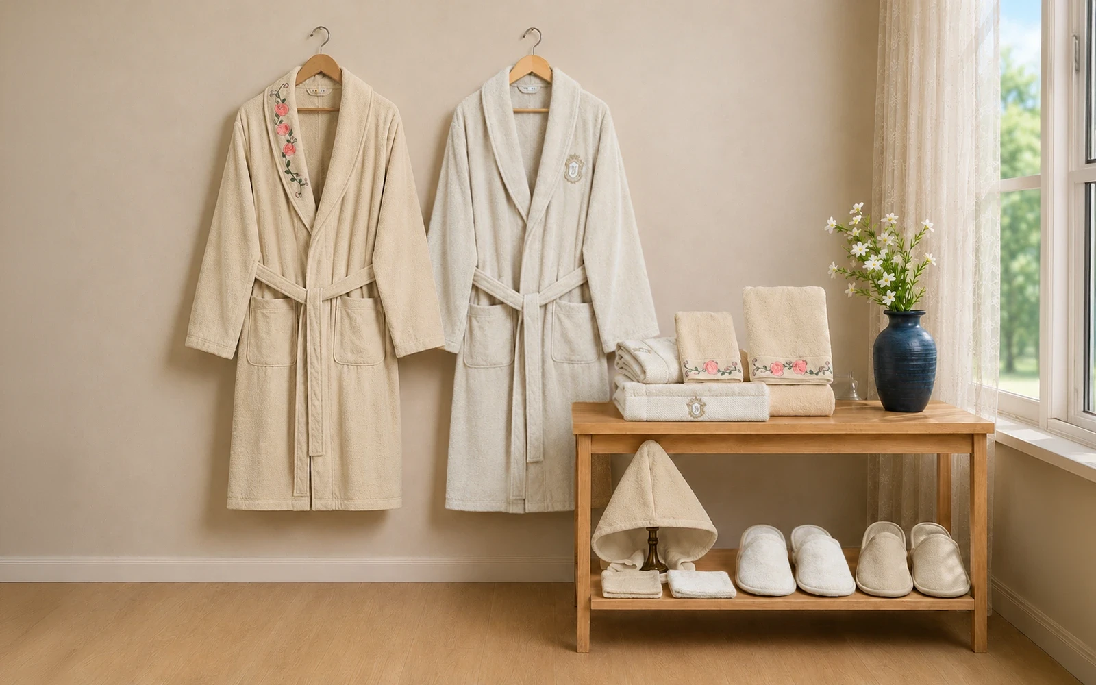 Cosmos Family Cotton 3D Embroidered Bathrobe Set 13 PCS - Beige & L.Beige
