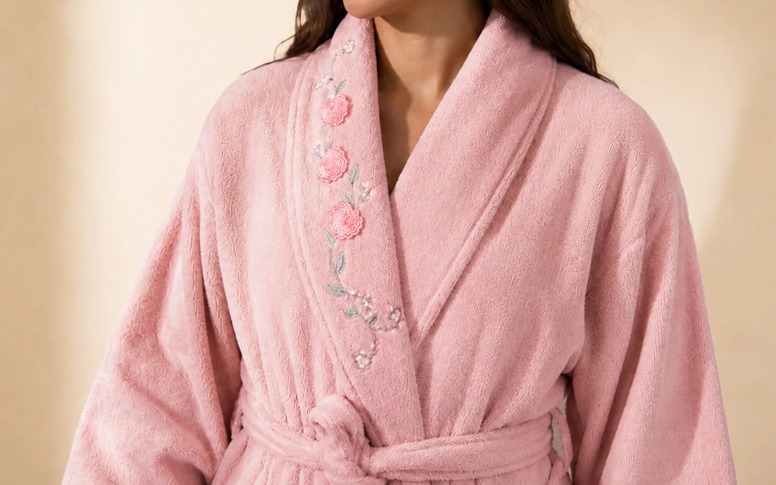 Cosmos Family Cotton 3D Embroidered Bathrobe Set 13 PCS - White & Pink