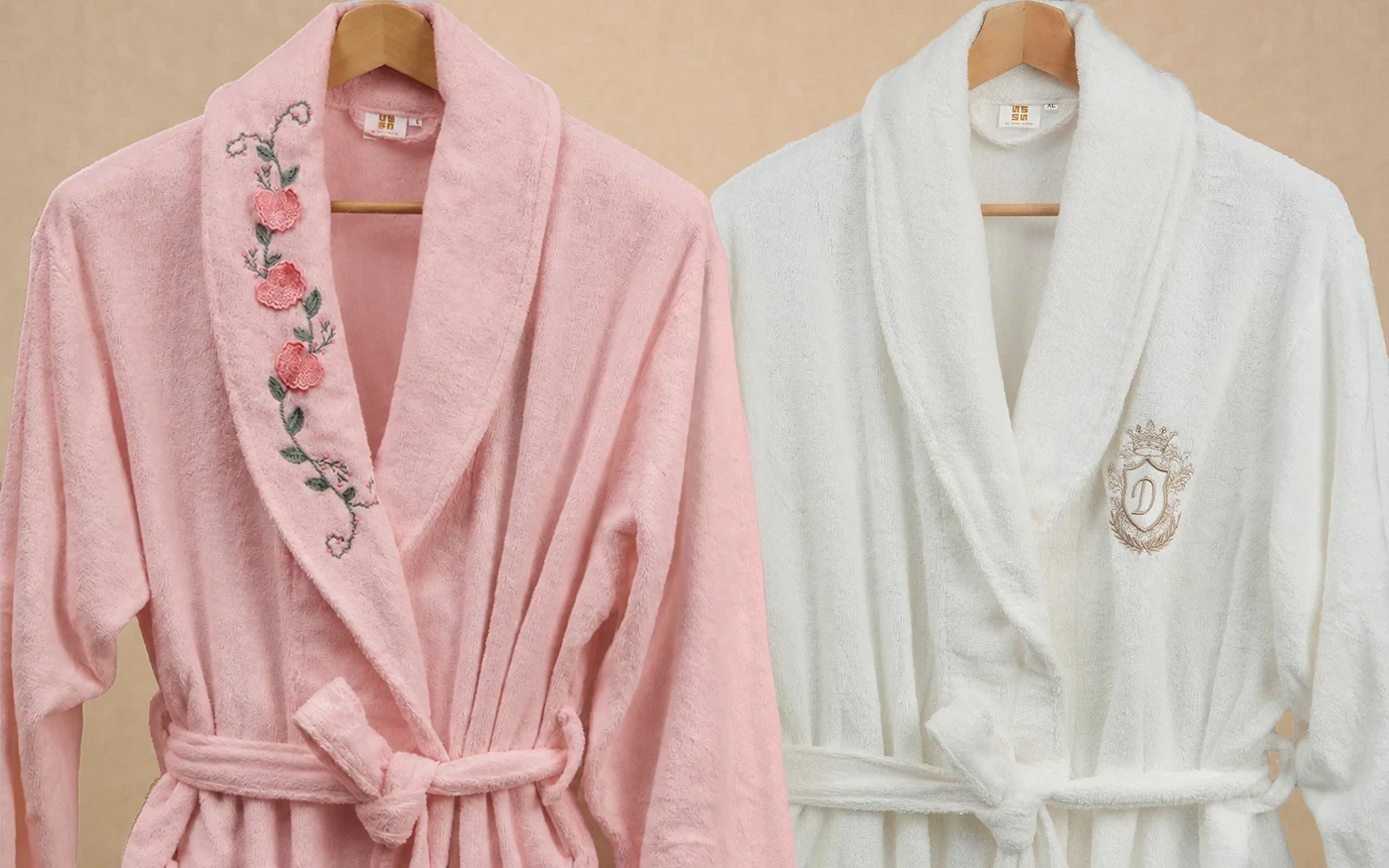 Cosmos Family Cotton 3D Embroidered Bathrobe Set 13 PCS - White & Pink