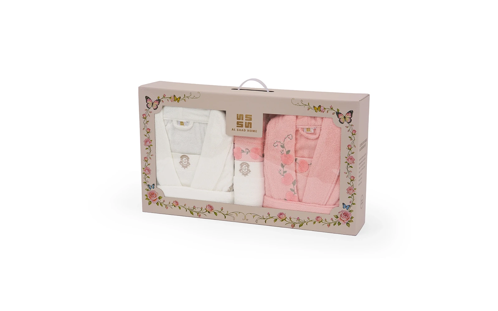 Cosmos Family Cotton 3D Embroidered Bathrobe Set 13 PCS - White & Pink