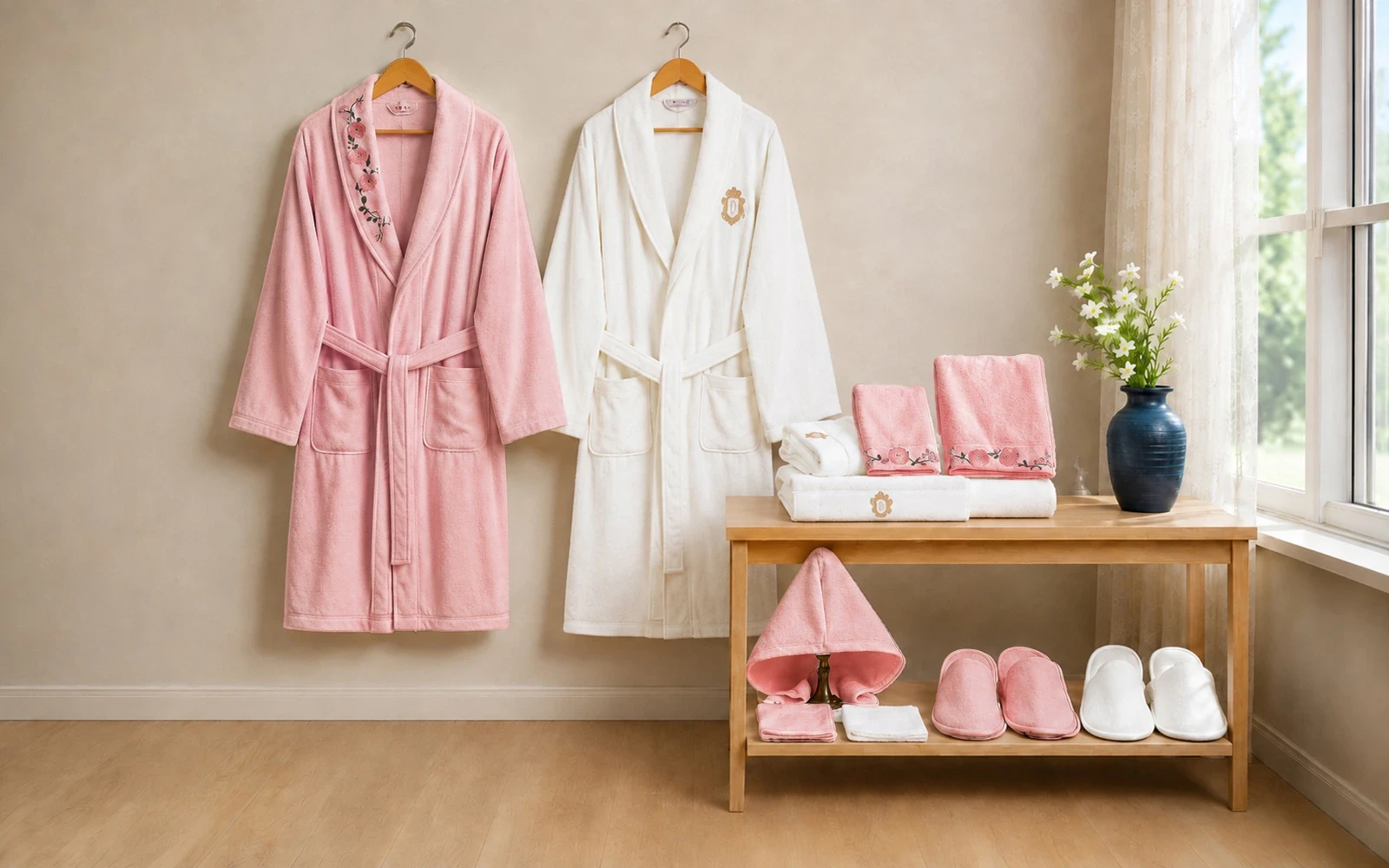 Cosmos Family Cotton 3D Embroidered Bathrobe Set 13 PCS - White & Pink