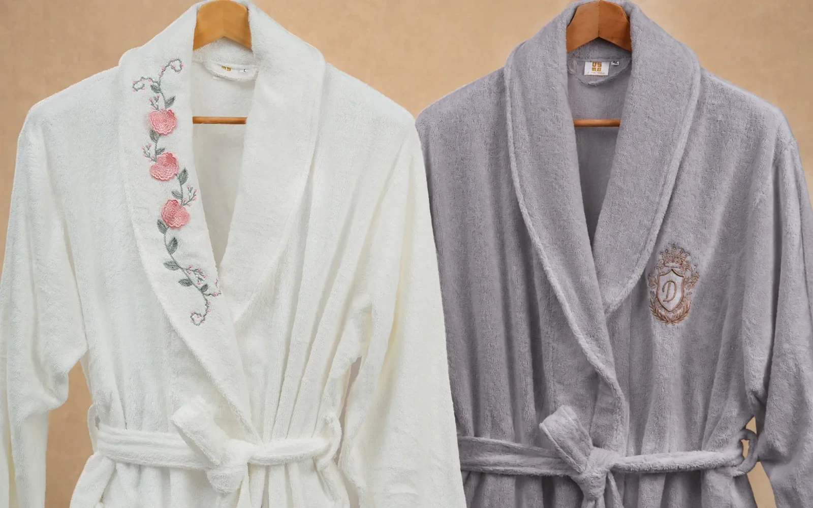 Cosmos Family Cotton 3D Embroidered Bathrobe Set 13 PCS - White & Grey