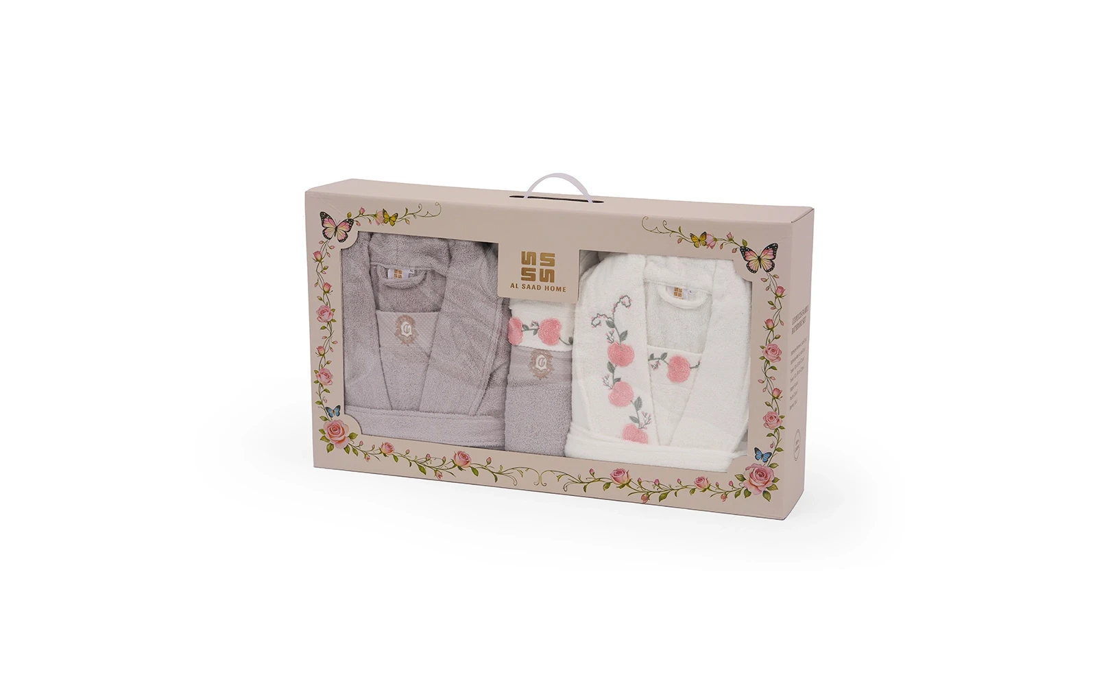 Cosmos Family Cotton 3D Embroidered Bathrobe Set 13 PCS - White & Grey