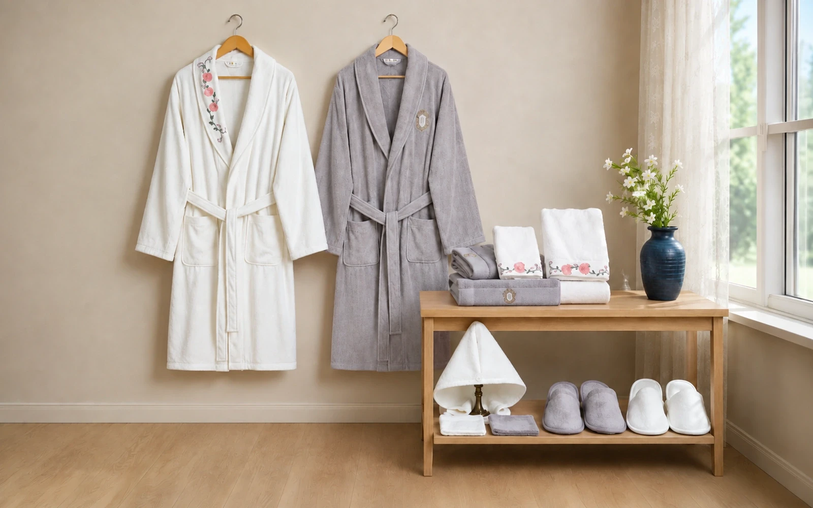 Cosmos Family Cotton 3D Embroidered Bathrobe Set 13 PCS - White & Grey