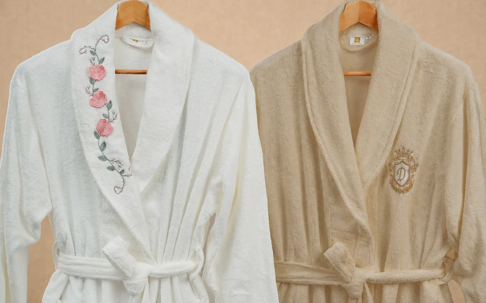 Cosmos Family Cotton 3D Embroidered Bathrobe Set 13 PCS - White & Beige