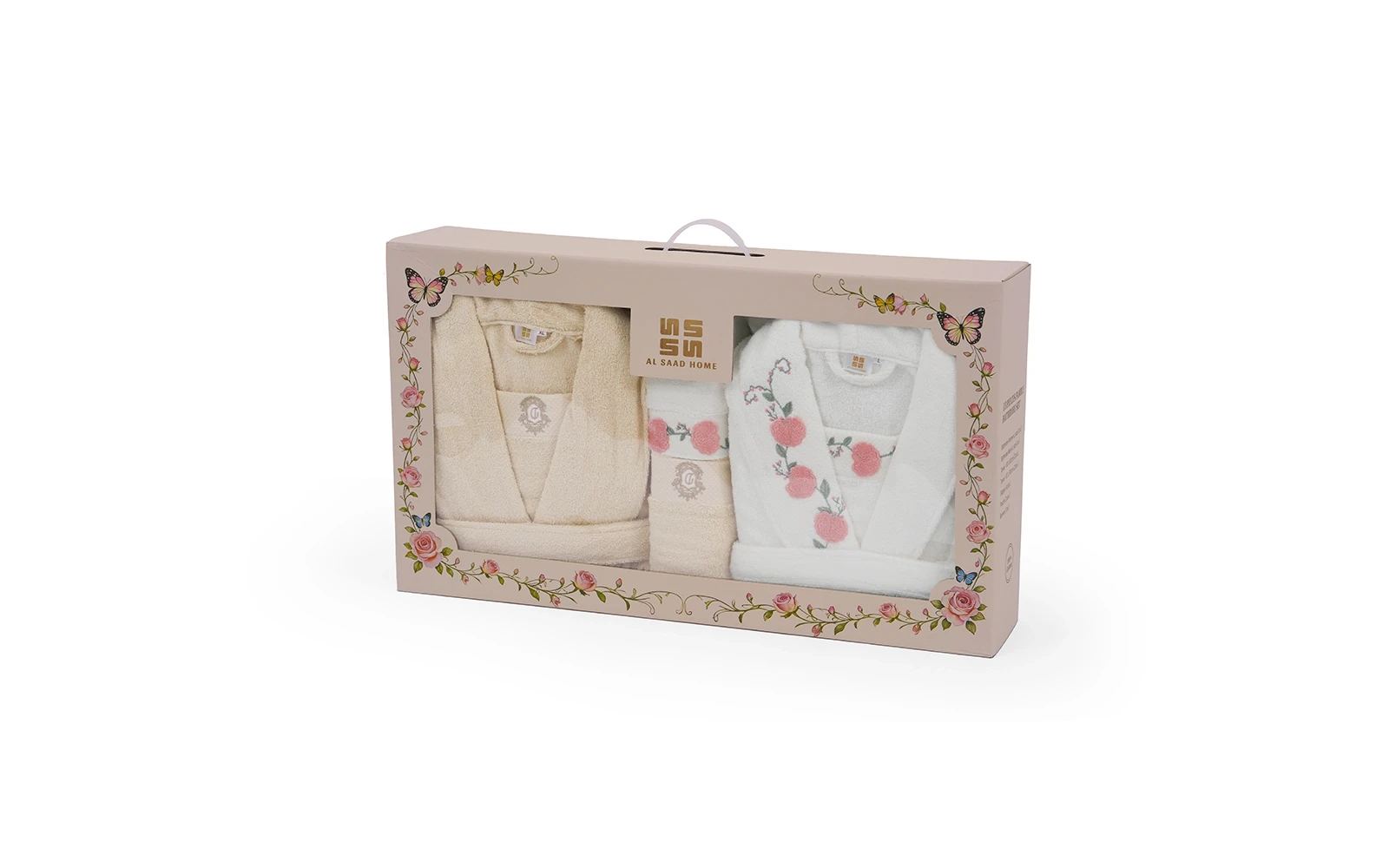 Cosmos Family Cotton 3D Embroidered Bathrobe Set 13 PCS - White & Beige