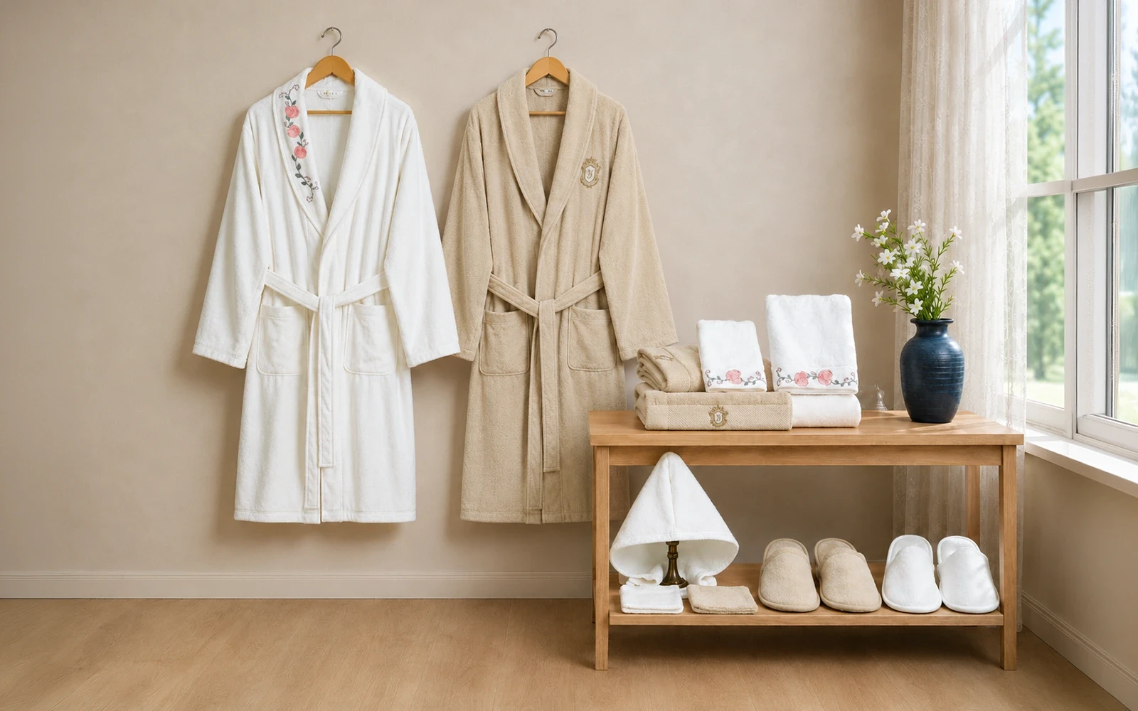 Cosmos Family Cotton 3D Embroidered Bathrobe Set 13 PCS - White & Beige
