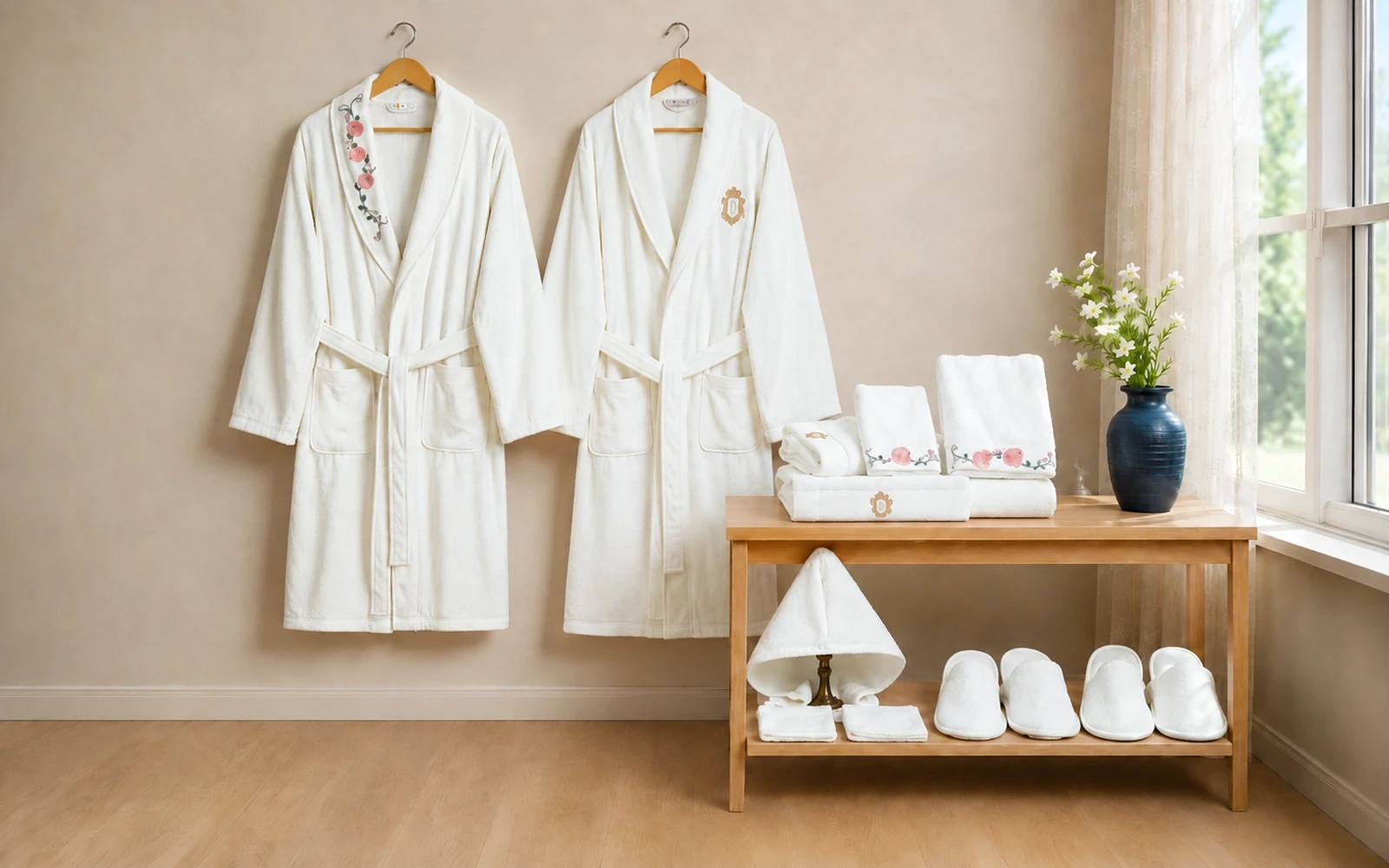 Cosmos Family Cotton 3D Embroidered Bathrobe Set 13 PCS - White