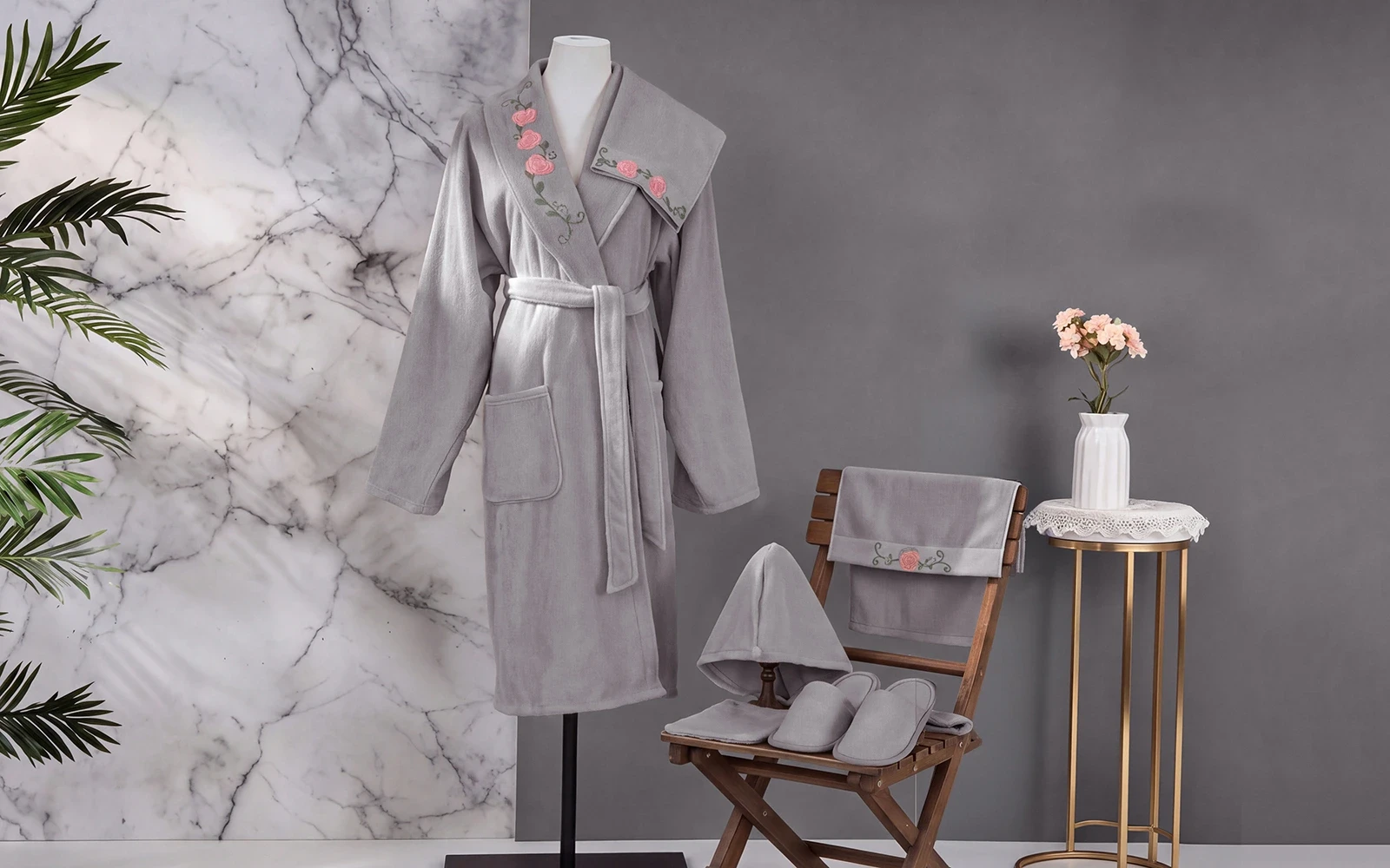 Cosmos Women Cotton 3D Embroidered Bathrobe Set 7 PCS - Grey