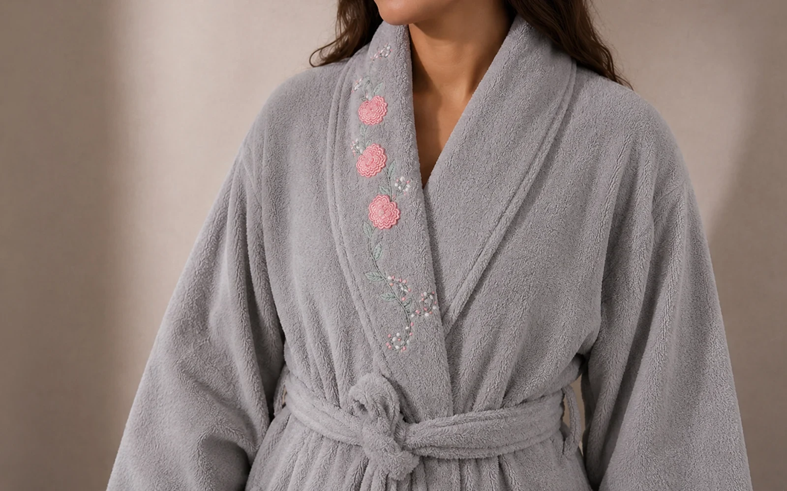 Cosmos Women Cotton 3D Embroidered Bathrobe Set 7 PCS - Grey
