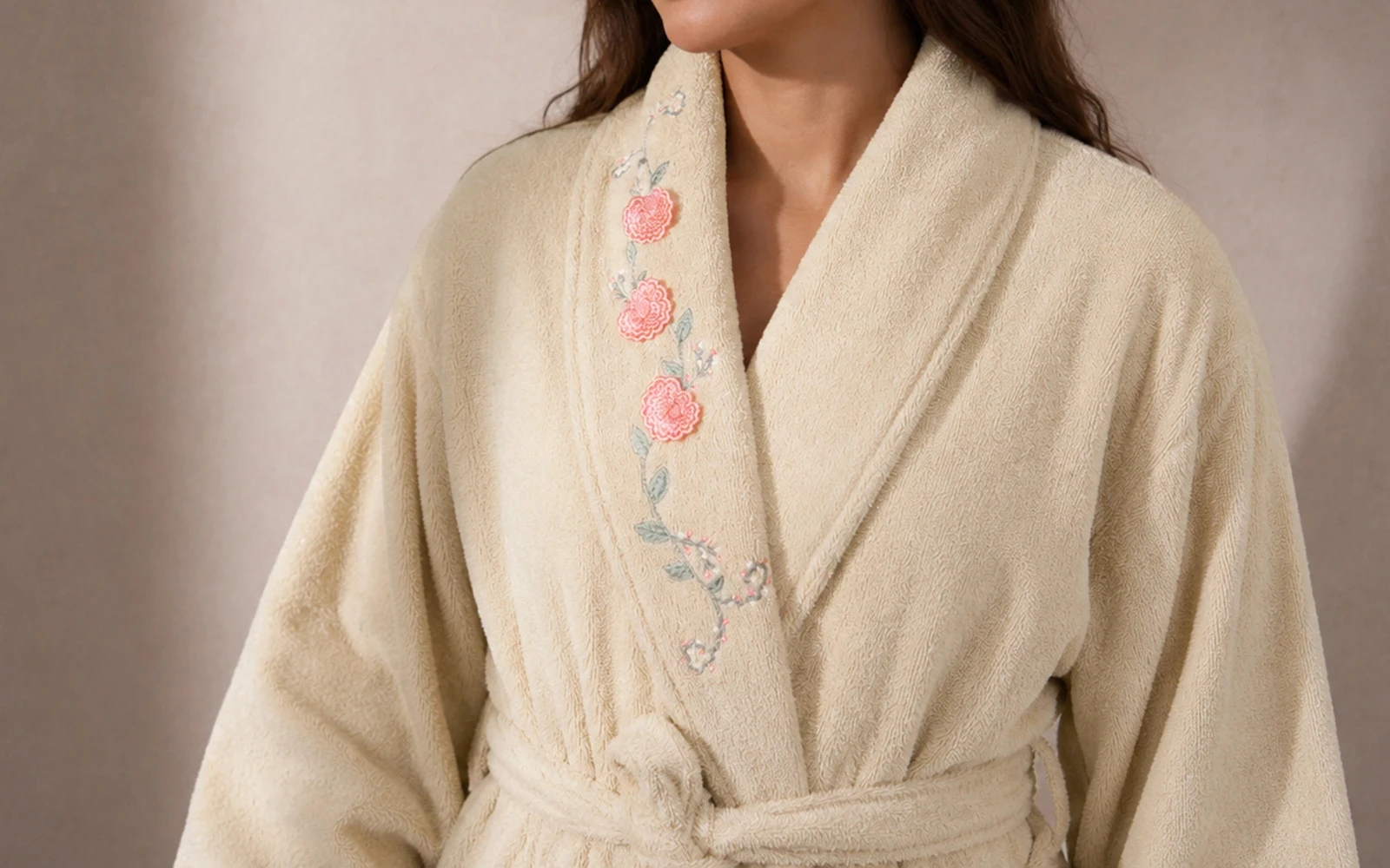 Cosmos Women Cotton 3D Embroidered Bathrobe Set 7 PCS - Beige