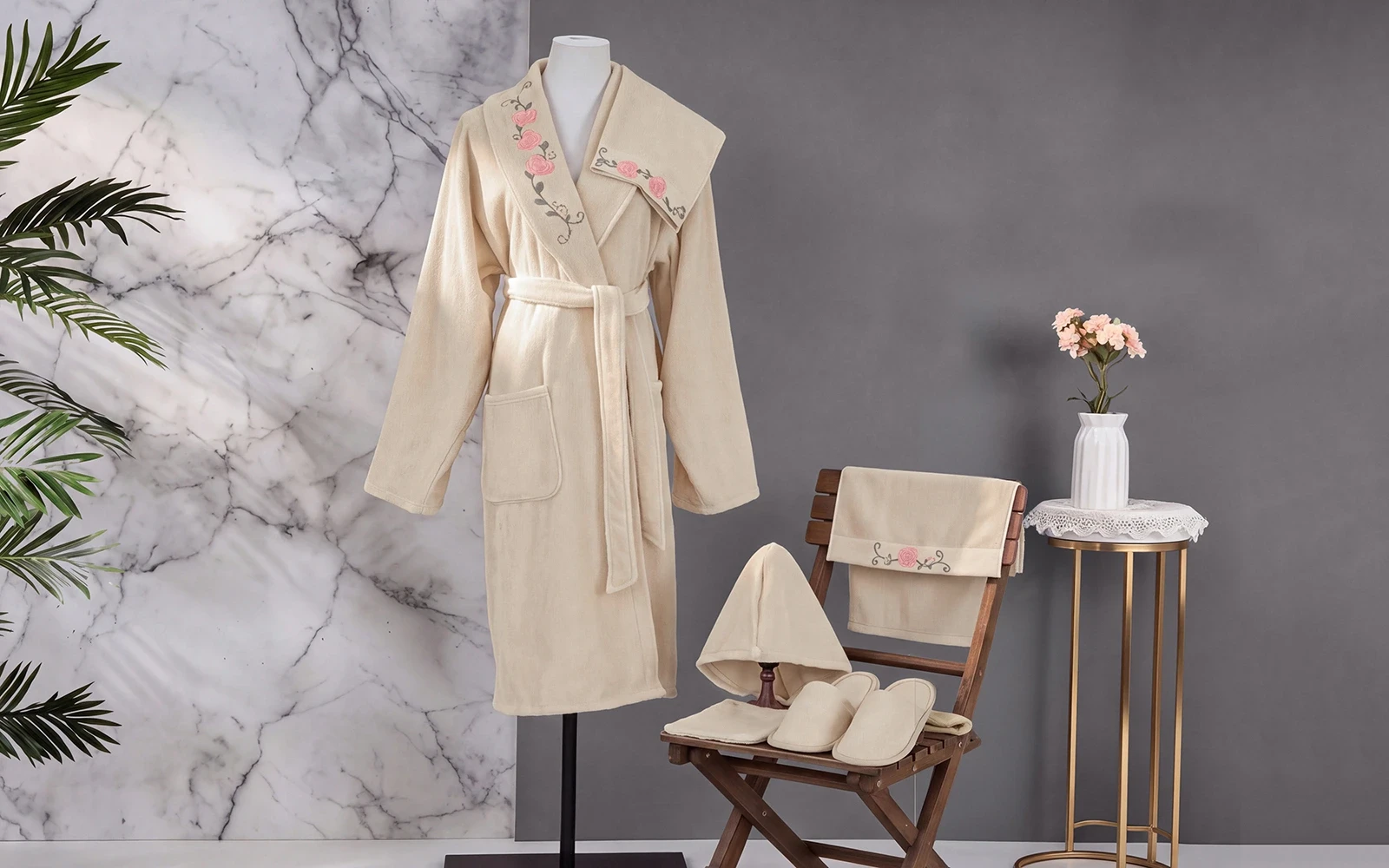 Cosmos Women Cotton 3D Embroidered Bathrobe Set 7 PCS - Beige