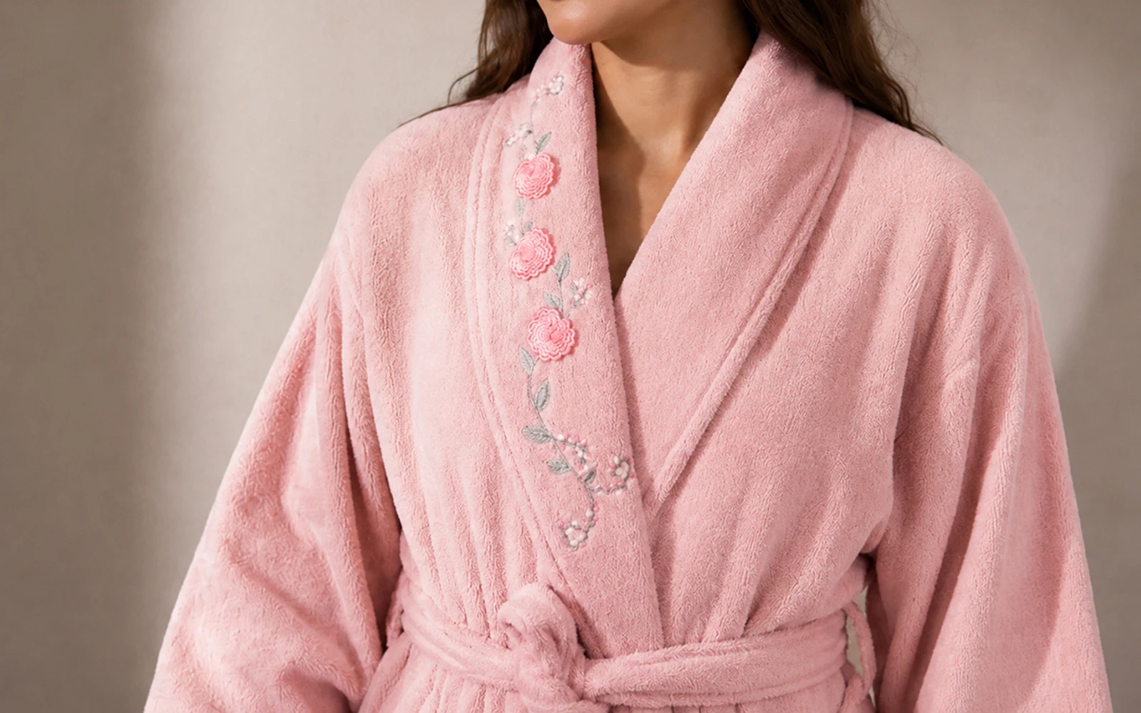 Cosmos Women Cotton 3D Embroidered Bathrobe Set 7 PCS - Pink
