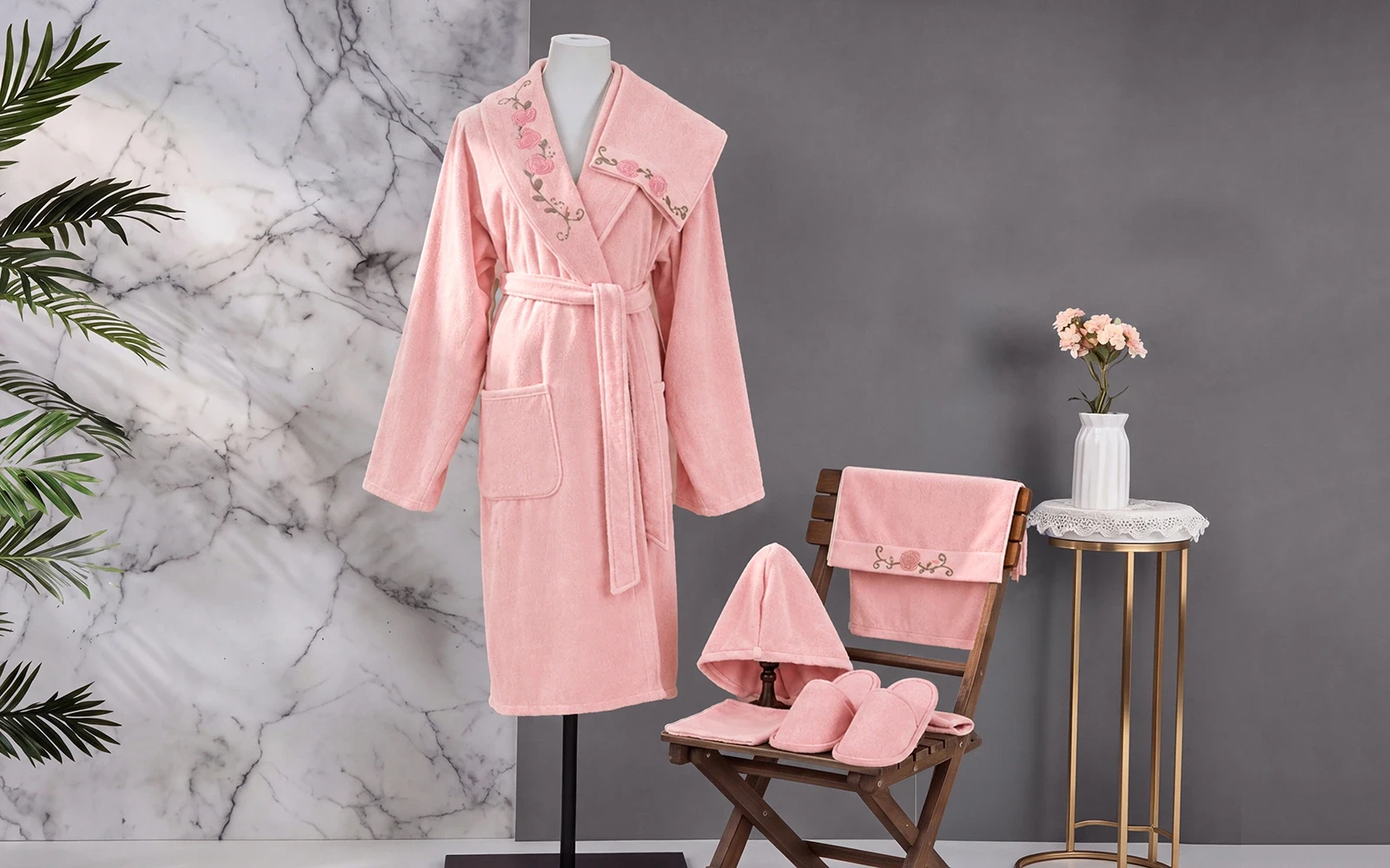 Cosmos Women Cotton 3D Embroidered Bathrobe Set 7 PCS - Pink