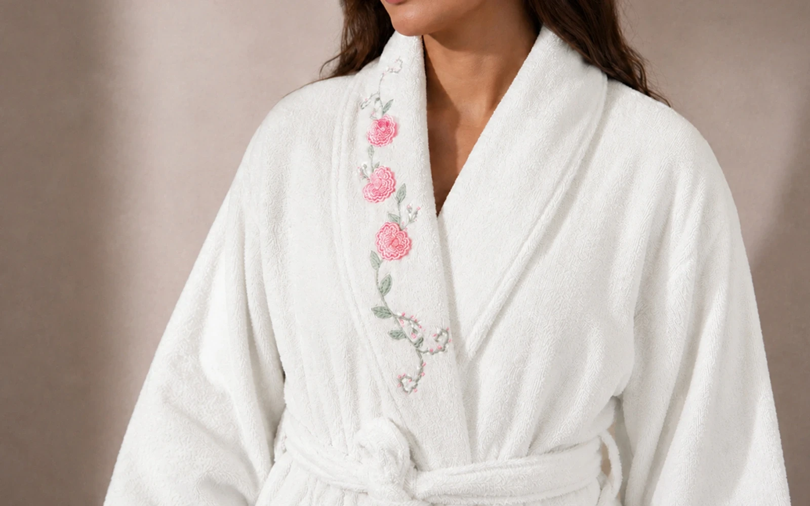 Cosmos Women Cotton 3D Embroidered Bathrobe Set 7 PCS - White