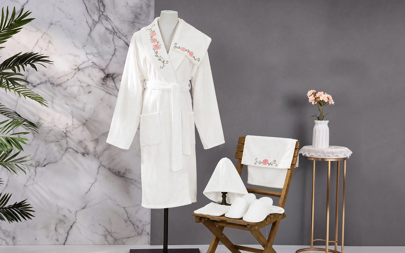 Cosmos Women Cotton 3D Embroidered Bathrobe Set 7 PCS - White