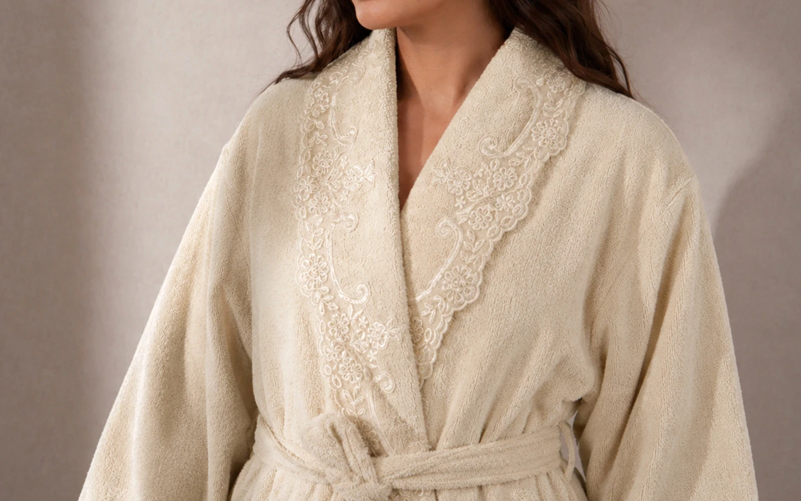 Sofia Women Cotton Embroidered Lace Bathrobe Set 7 PCS - Beige