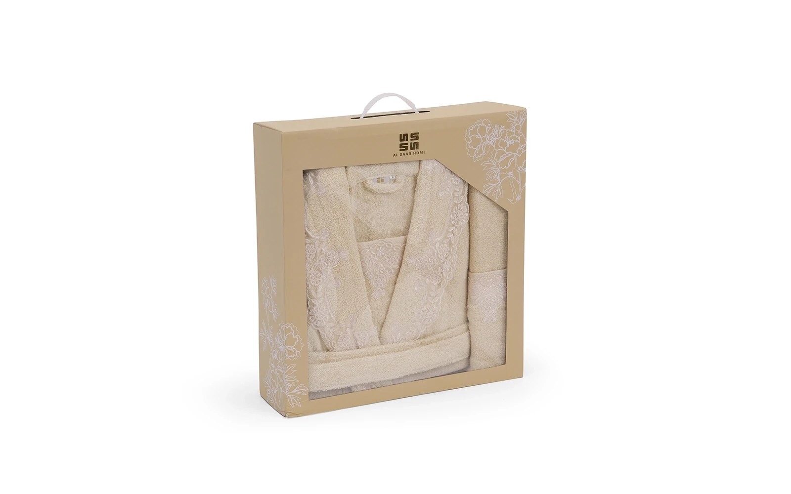 Sofia Women Cotton Embroidered Lace Bathrobe Set 7 PCS - Beige