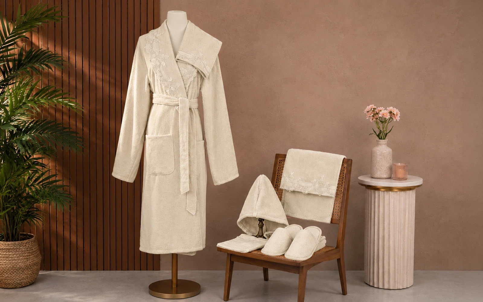 Sofia Women Cotton Embroidered Lace Bathrobe Set 7 PCS - Beige
