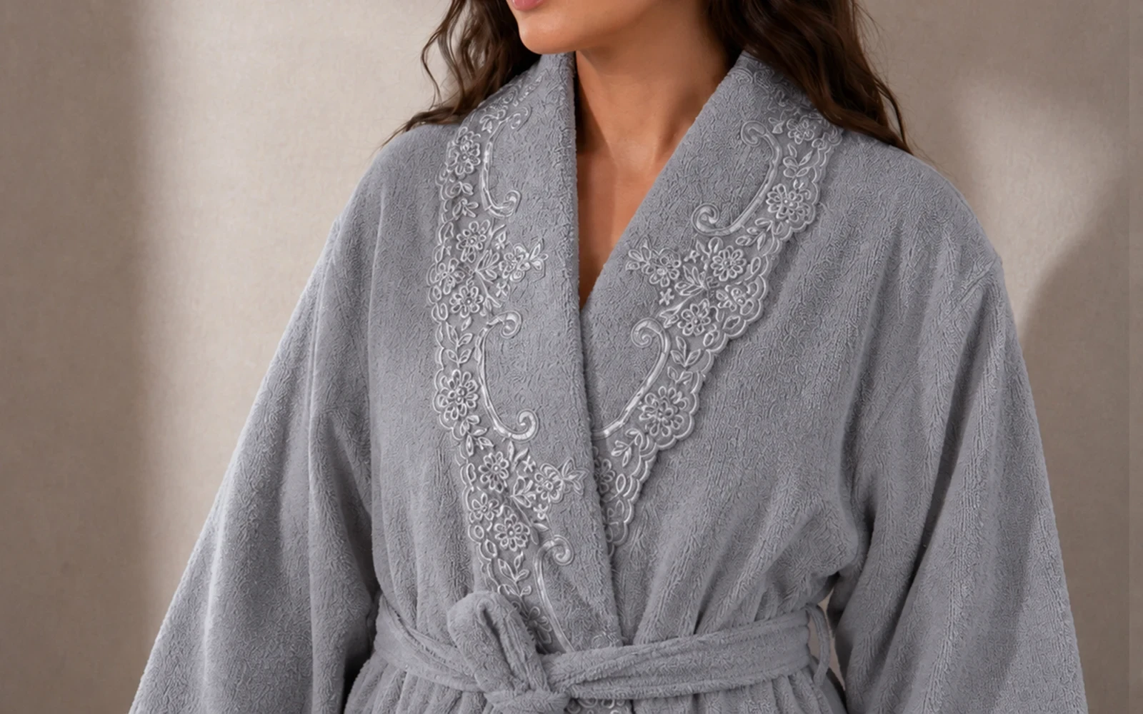 Sofia Women Cotton Embroidered Lace Bathrobe Set 7 PCS - Grey