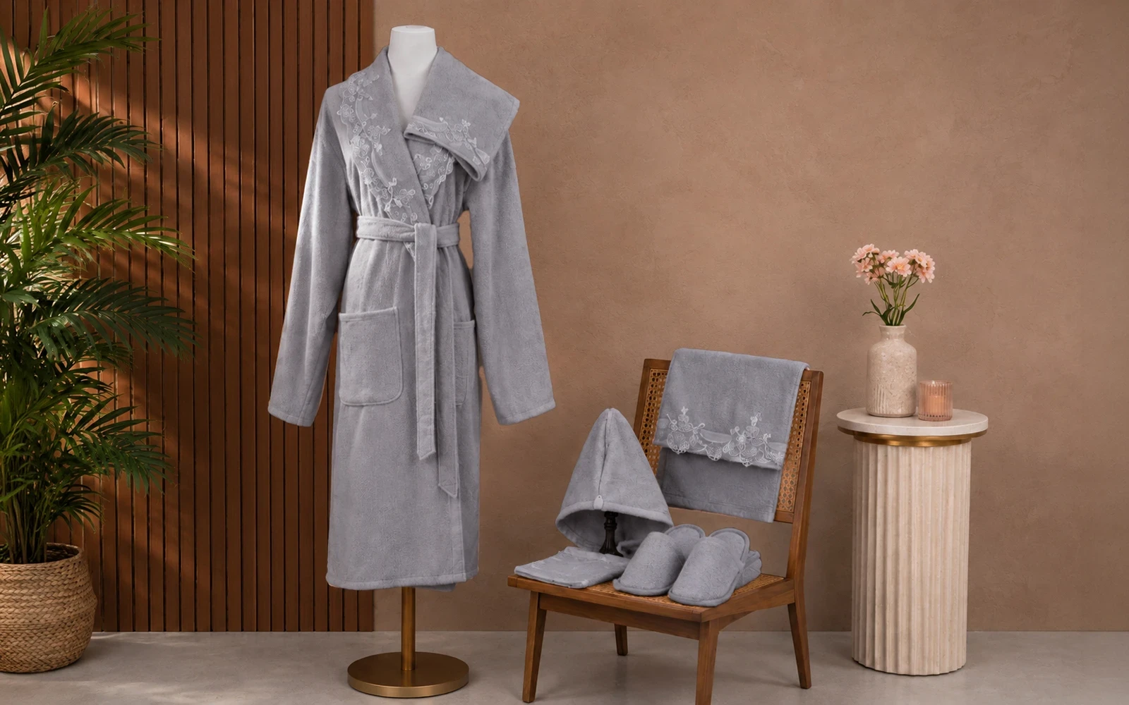 Sofia Women Cotton Embroidered Lace Bathrobe Set 7 PCS - Grey