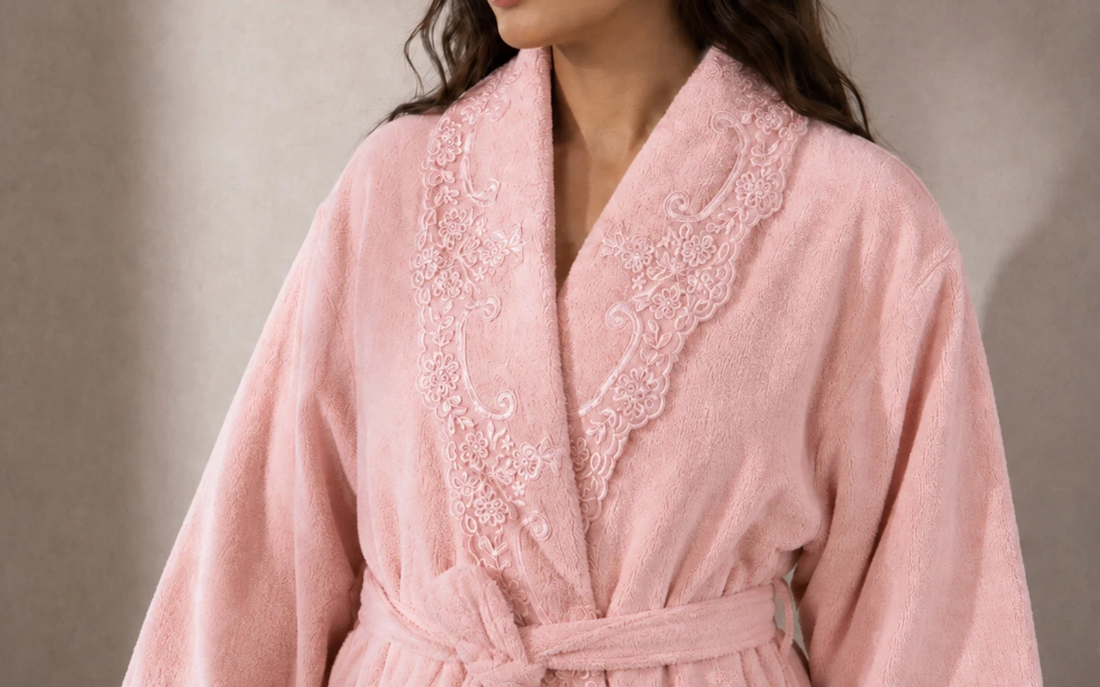 Sofia Women Cotton Embroidered Lace Bathrobe Set 7 PCS - Pink