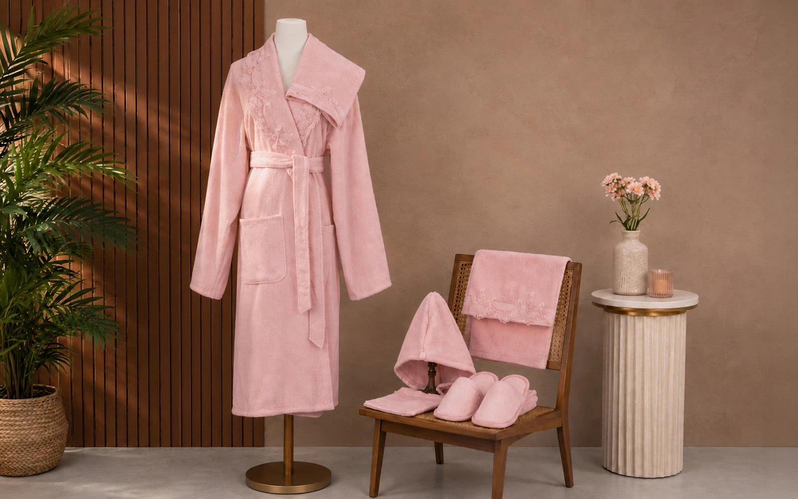 Sofia Women Cotton Embroidered Lace Bathrobe Set 7 PCS - Pink