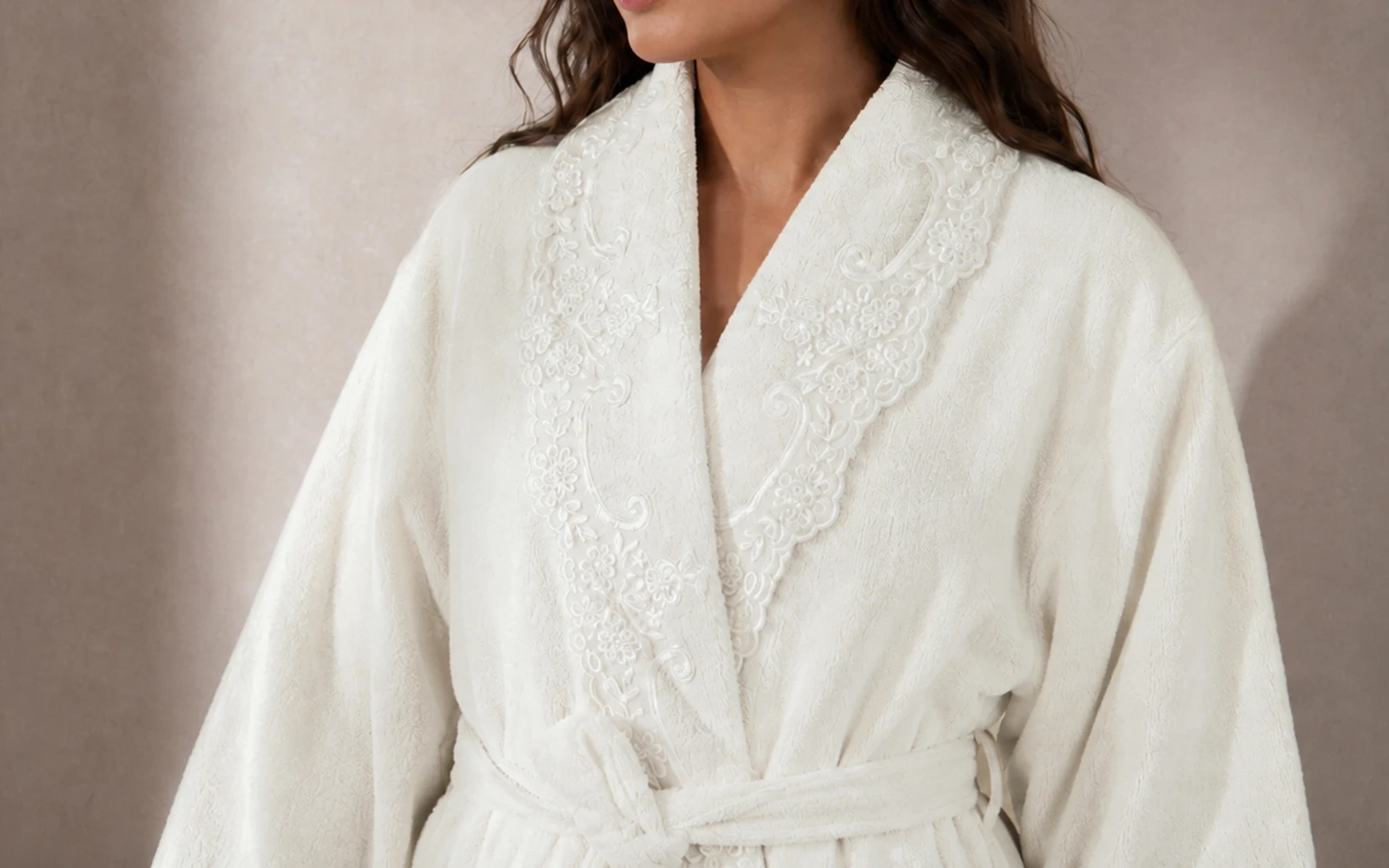 Sofia Women Cotton Embroidered Lace Bathrobe Set 7 PCS - White