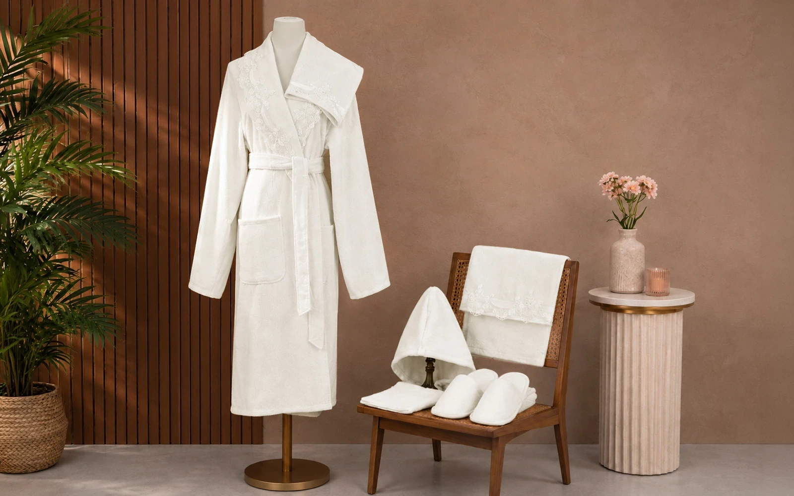 Sofia Women Cotton Embroidered Lace Bathrobe Set 7 PCS - White