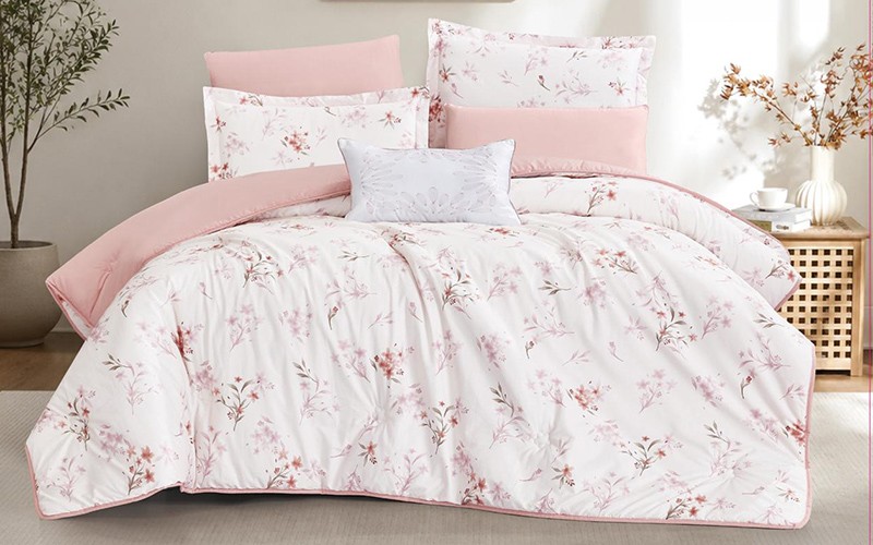 Soho Cotton Printed Comforter Bedding Set 7 PCS - King Cream & Pink