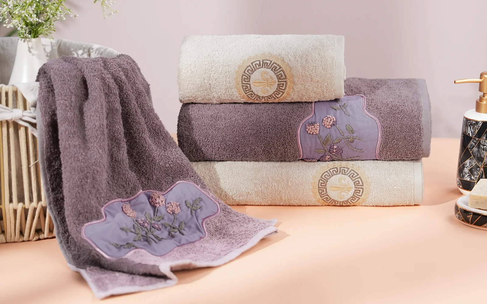Armada Turkish Cotton Towel 4 Pcs - Cream & D.Purple
