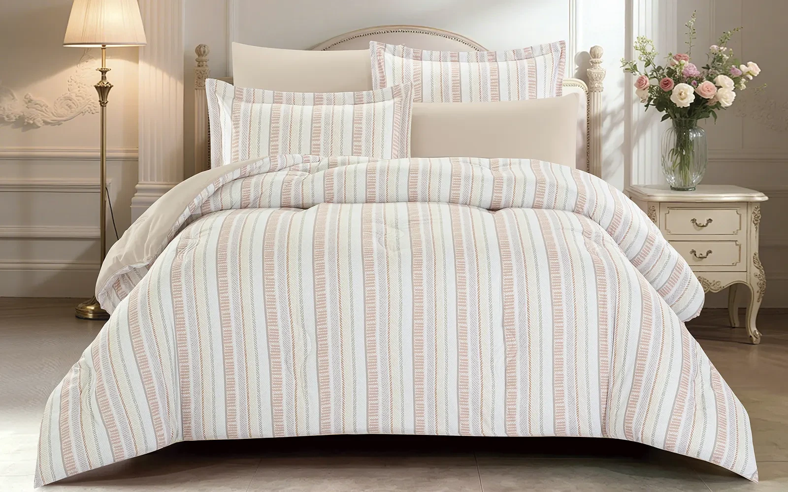 Gentle Stripes Printed Comforter Bedding Set 6 PCS - King Multi Color