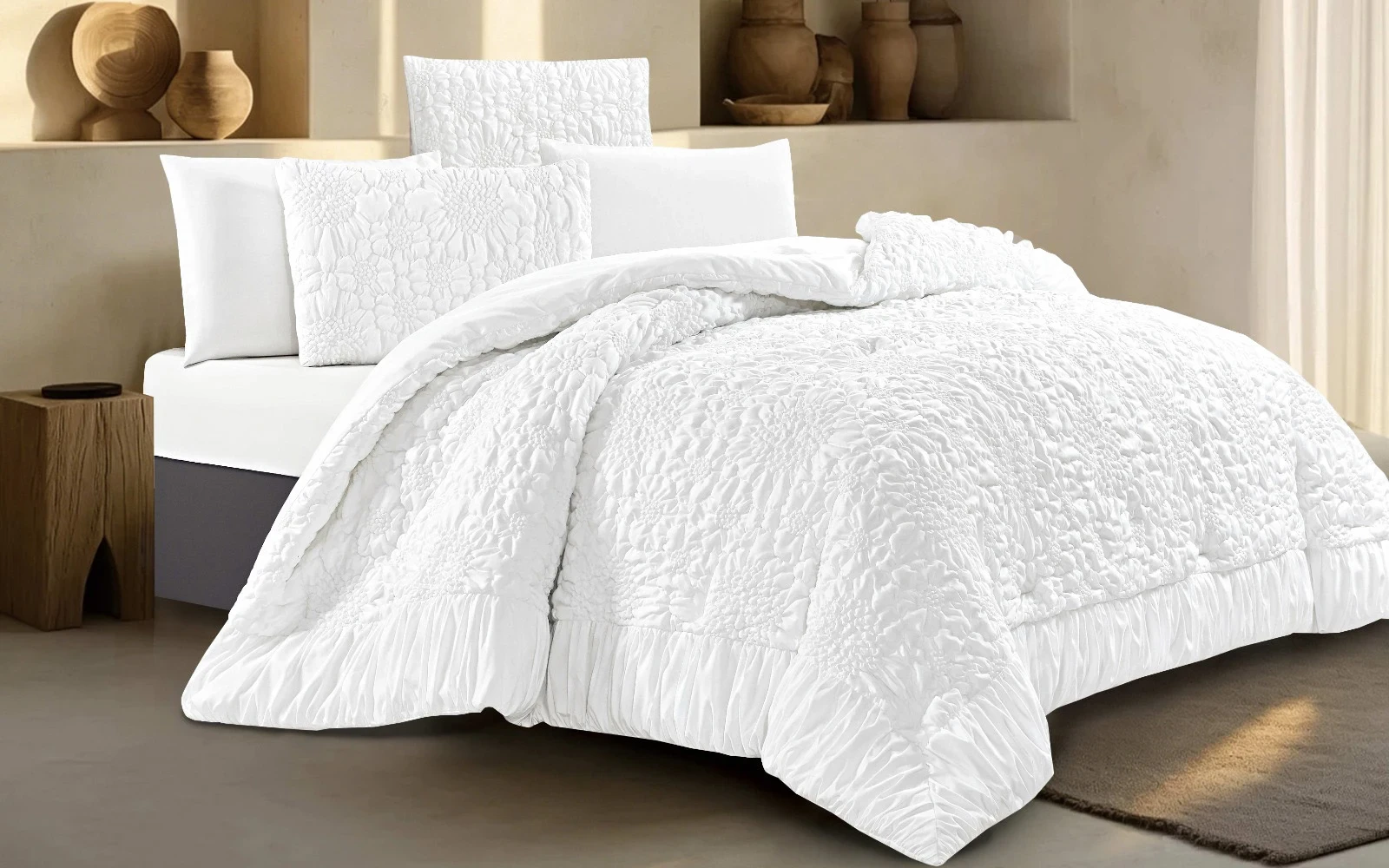 Alvin Comforter Bedding Set 6 PCS - King Off White