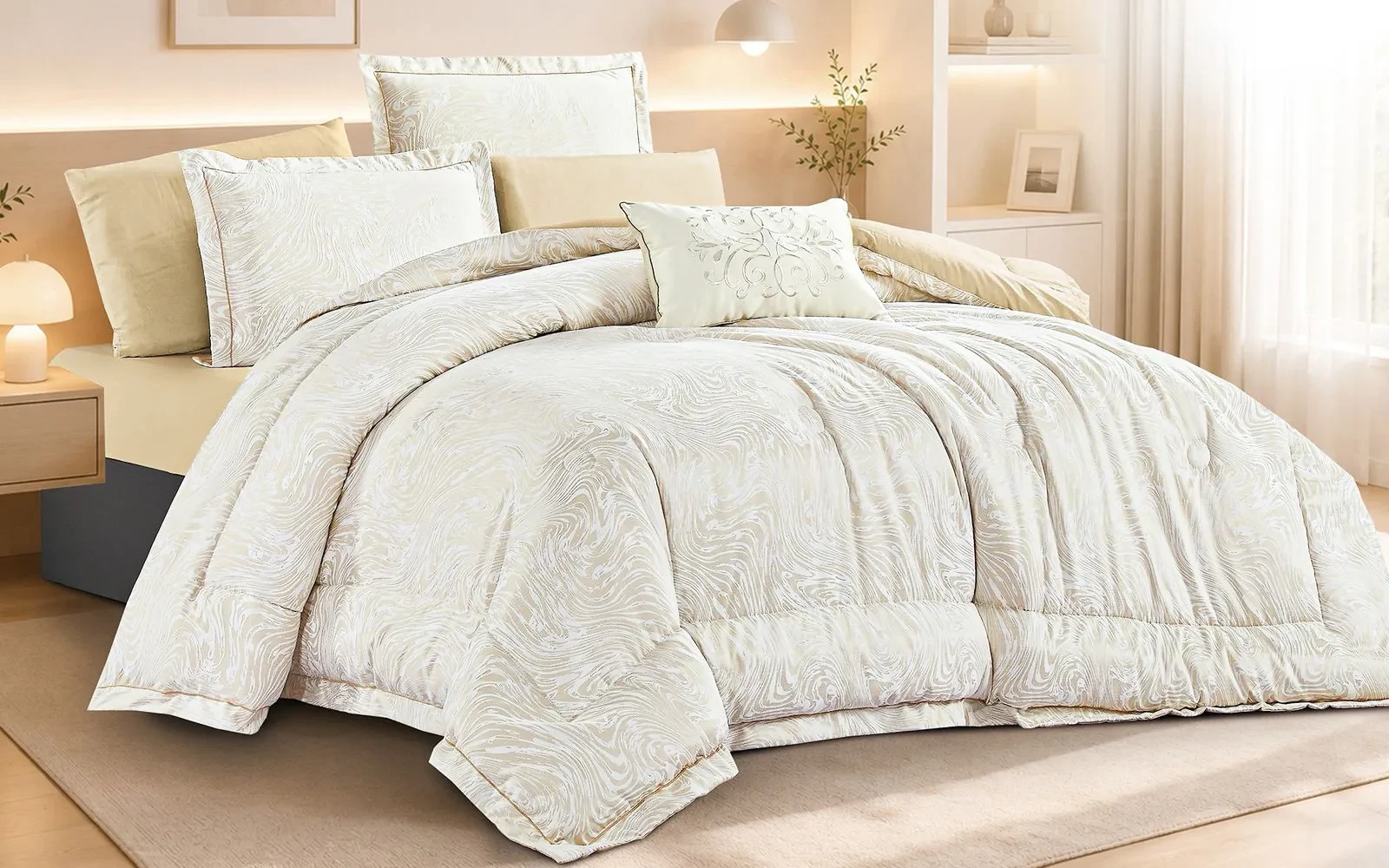 Azur Cotton Jacquard Comforter Bedding Set 7 PCS - King Beige