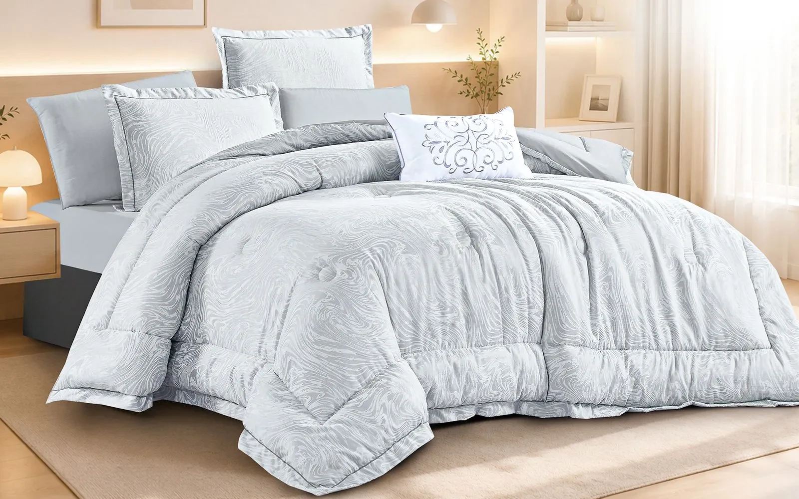 Azur Cotton Jacquard Comforter Bedding Set 7 PCS - King L.Grey & Silver