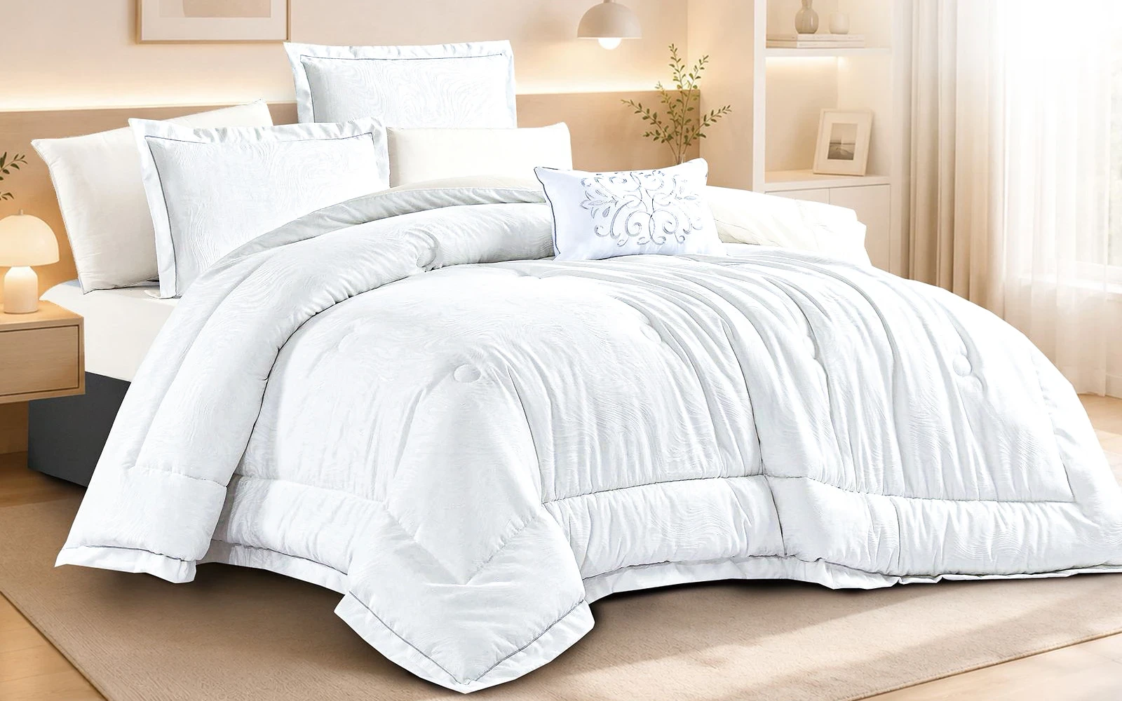 Azur Cotton Jacquard Comforter Bedding Set 7 PCS - King White & Silver