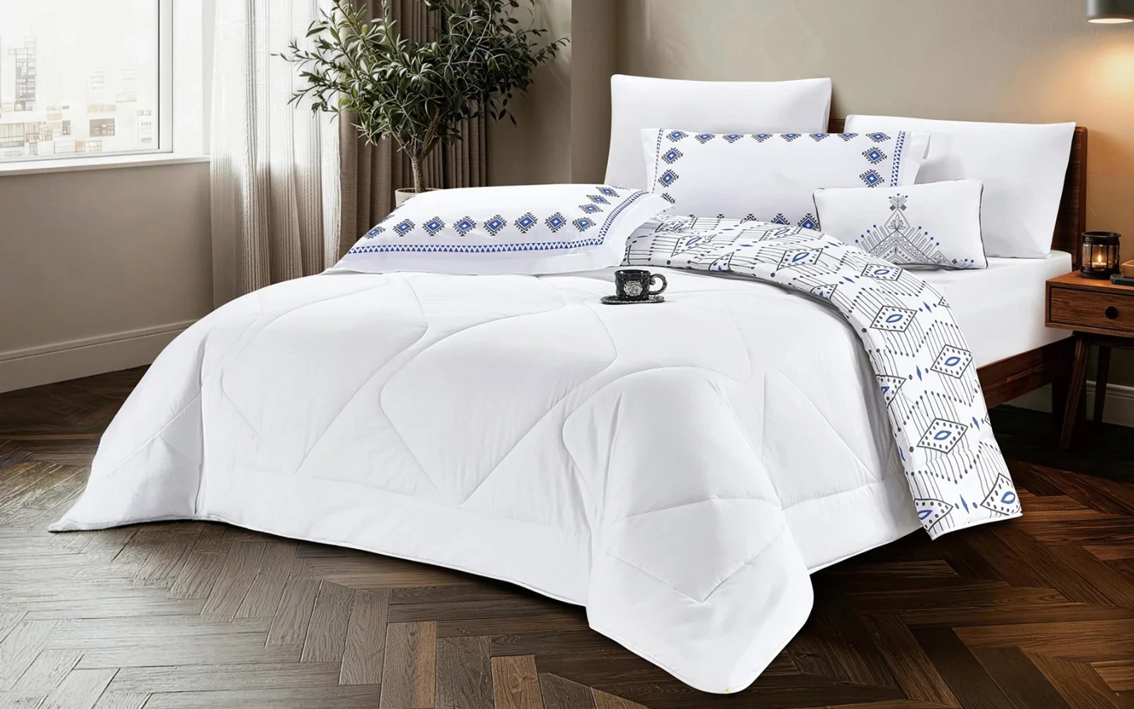 Elara Cotton Double Face Printed Comforter Bedding Set 7 PCS - King White