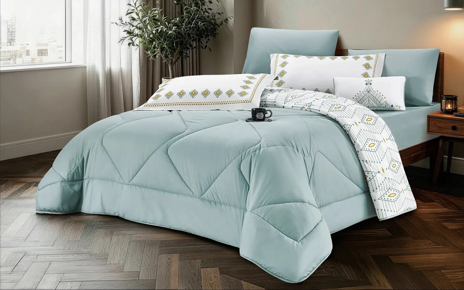 Elara Cotton Double Face Printed Comforter Bedding Set 7 PCS - King Turquoise