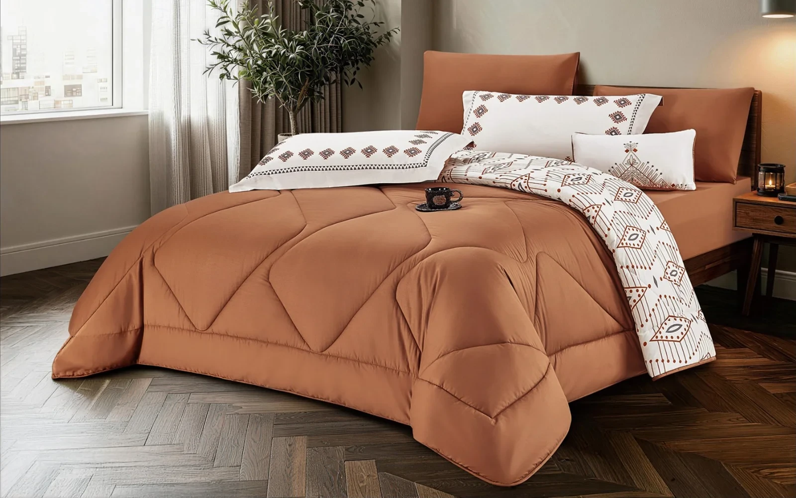 Elara Cotton Double Face Printed Comforter Bedding Set 7 PCS - King Mocha
