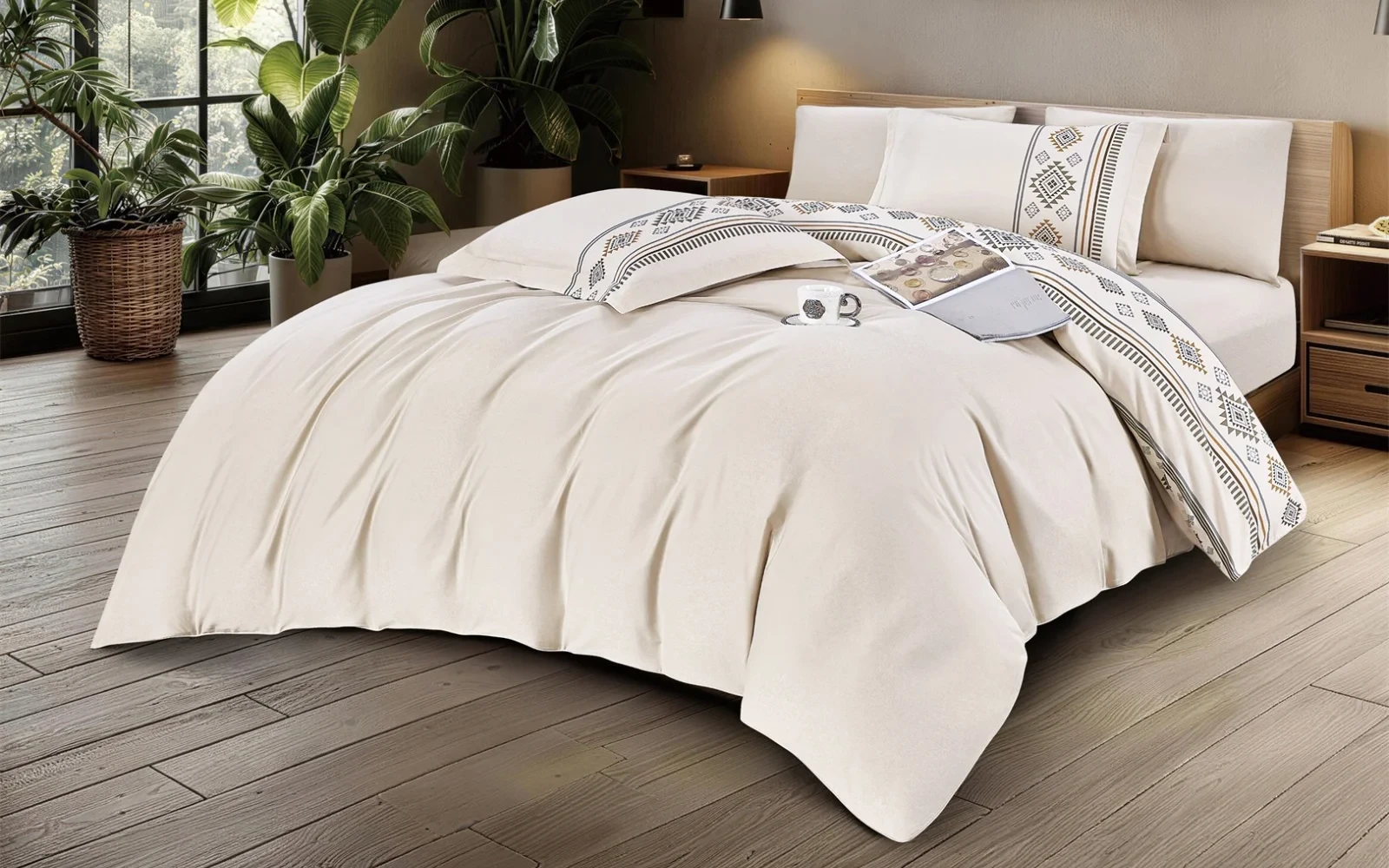 Shira Cotton Printed Double Face Duvet Cover Set Without Filling 6 PCS - King White