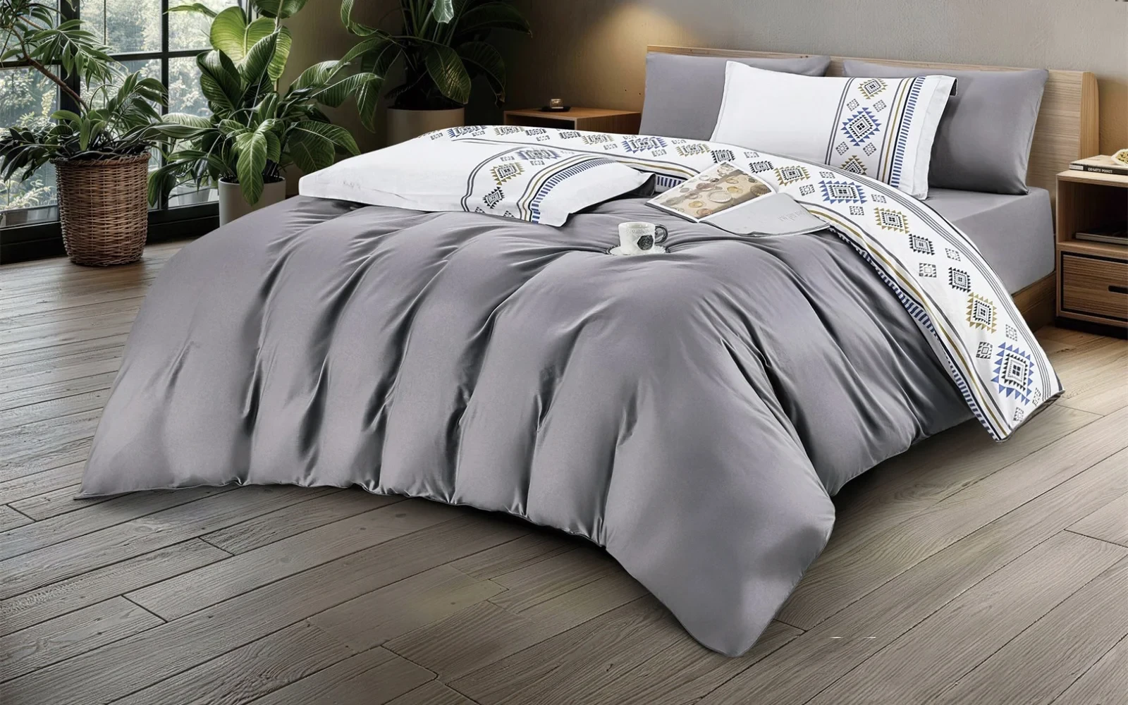 Shira Cotton Printed Double Face Duvet Cover Set Without Filling 6 PCS - Queen White